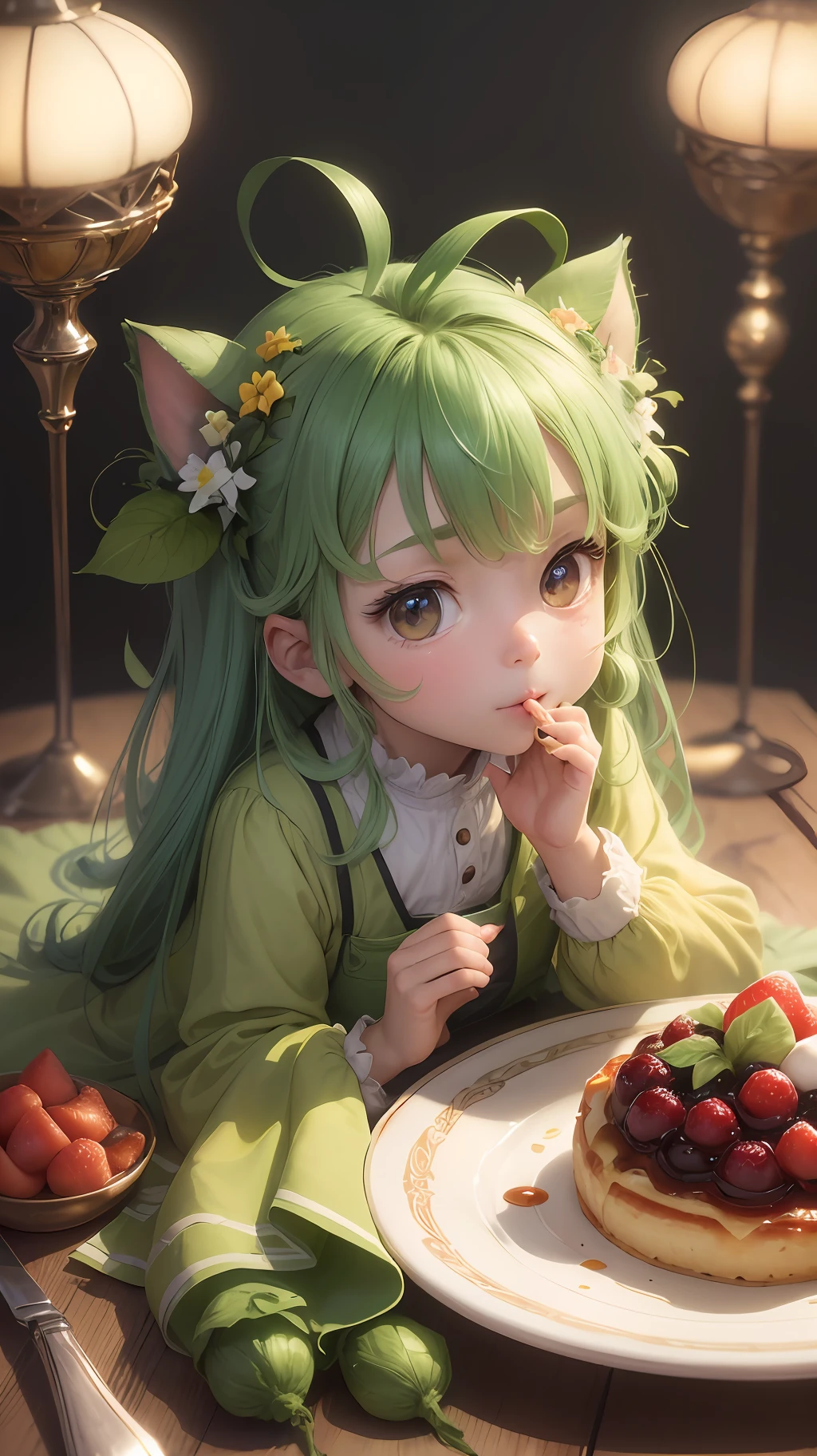 (High image quality: 1.2), (Food plating conscience: 1.5), (Adorable style: 1.2), (High saturated color: 1.3), (full of tempting taste: 1.4), the food in the dim light, the fresh sweet ingredients and steaming taste are infinitely sighing. (Table full of food stacks: 1.3). --auto --s2