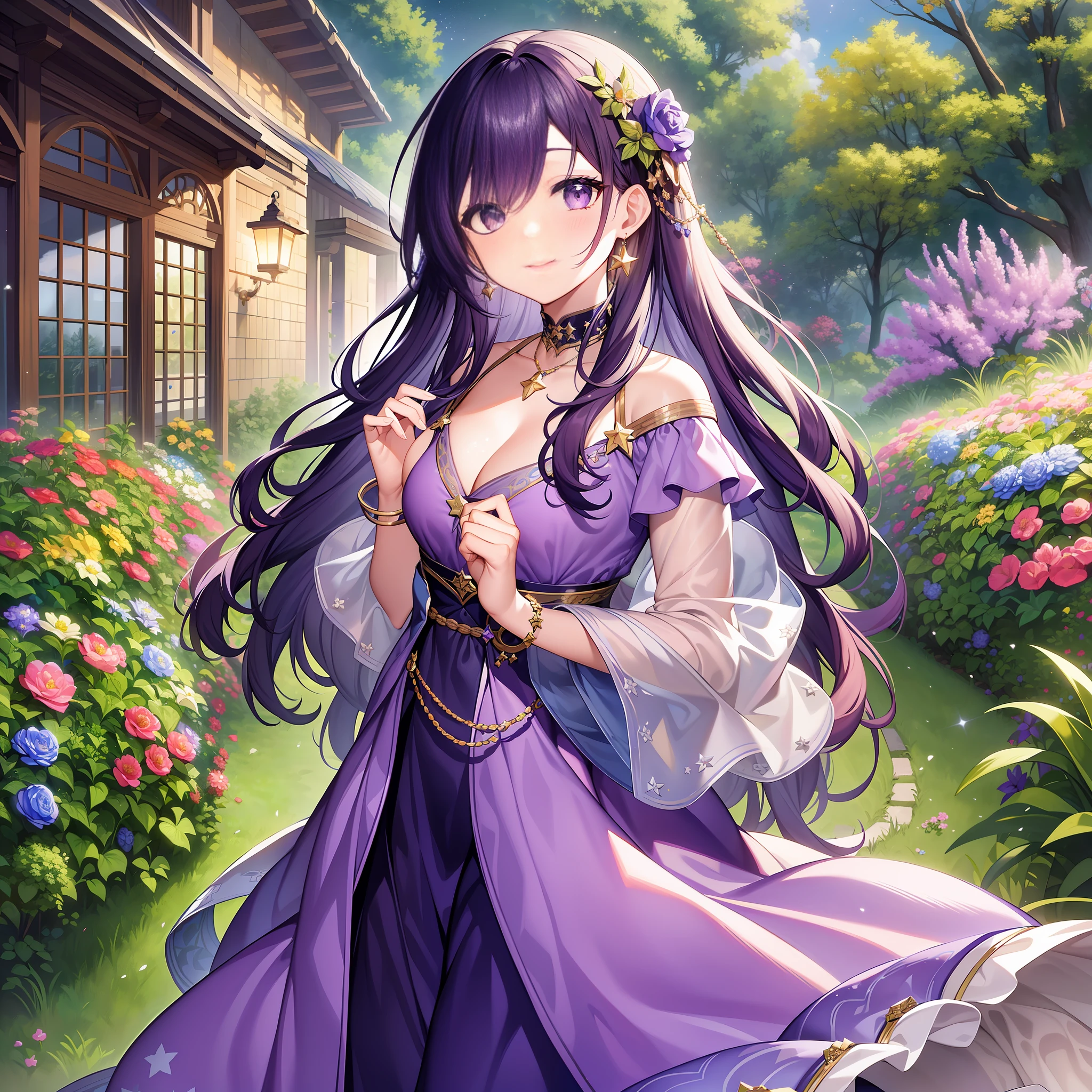 Character expressions: fresh and brilliant, with confidence and tenderness in their eyes.
Hairstyle and color: Long curly hair that changes from light purple to dark purple, as bright and beautiful as the starry sky.
Clothing style and color: wearing a long skirt with a lilac base and a star pattern on it, like stars in the night sky.
Accessories on the character: Wearing a star-sparkling necklace, earrings and bracelet, she looks even more star-studded.
Character pose: holding a purple flower in both hands, smiling in the garden, the whole face is full of confidence and beauty.
The setting: a garden with trees and flowers, full of tranquility and tranquility.
Atmosphere: peaceful and happy
Environmental features: The whole garden exudes the fresh fragrance of flowers, and the air is filled with an idyllic atmosphere
Ambient time: Evening
