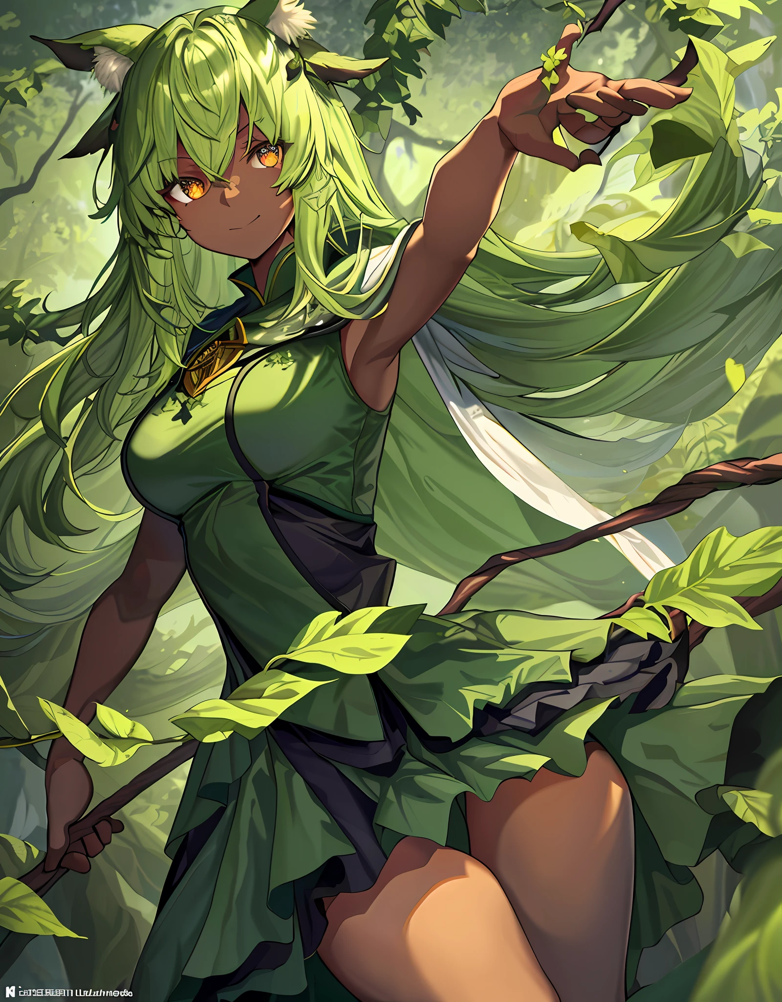 ファンタジー, 1forest_elemental_girl, 格闘, (using_leaves_clothes, green_leaves_covered_, leaves_covered_pussy)+g_tits,dynamice_standing, light_smile, 眠い, medium_hair, へそ,(dark_skin)+, オイル, (winding_vine_around_torso)++, (ふっくらと)+,森, trees_background, leaves_headgear, green_leaves_cape, hold_large_long_staff, 太もも,