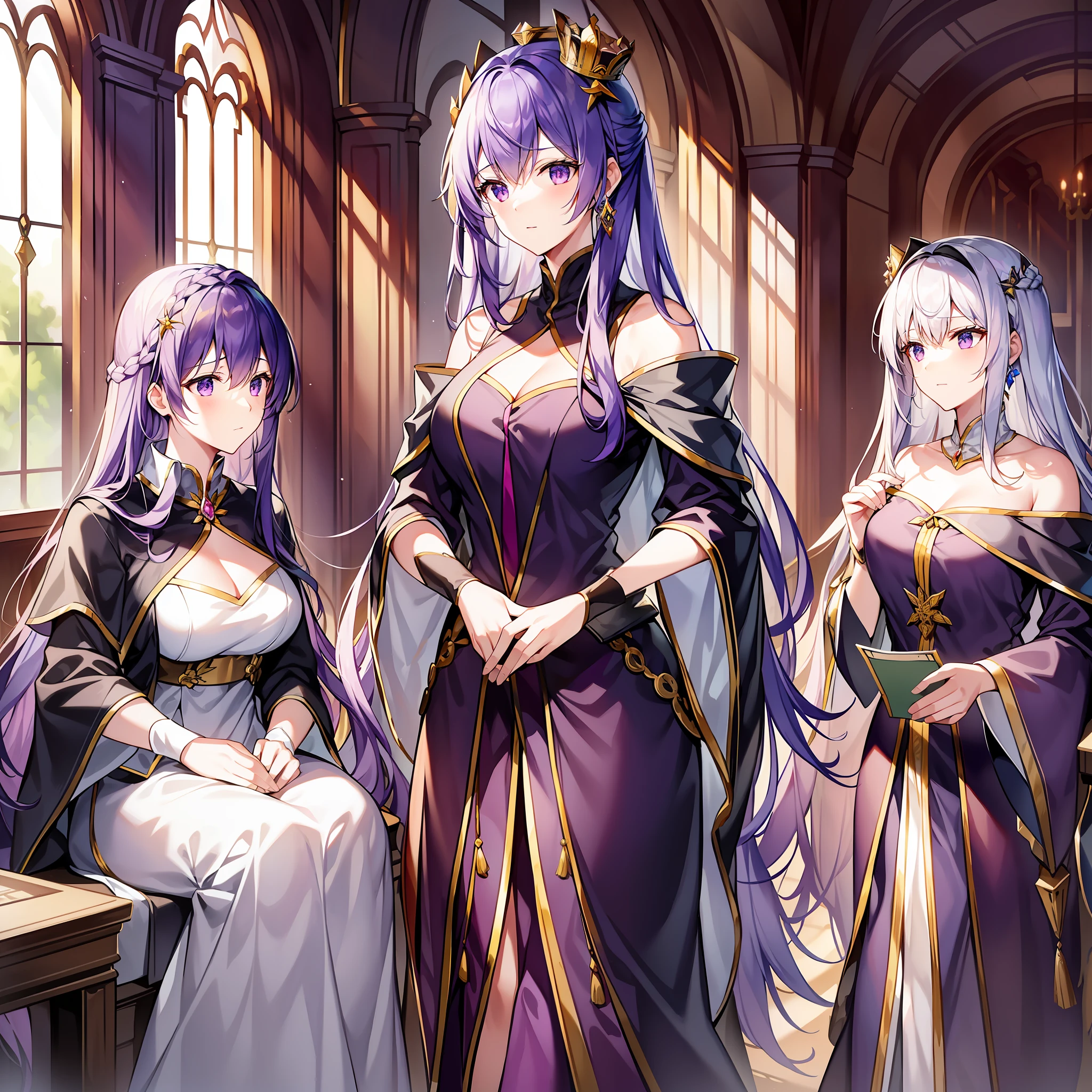 In a tall castle, three female emperors sat at a long table, talking about government affairs. Among them, the black-haired female emperor wore a black robe and a golden crown on her head, she had a serious face and held a quill in her hand; The white-haired female emperor wore a white dress, a silver silk scarf, a white bow hair ornament on her head, her expression was kind, and she held a document in her hand; The purple-haired female emperor wore a purple long dress, a pair of silver high heels, and a purple garland on her head, her eyes were deep, and she held a thick scroll in her hand. Outside the huge glass windows inside the castle is a beautiful garden scene, through which sunlight spills into the hall, making the whole scene noble and gorgeous.
