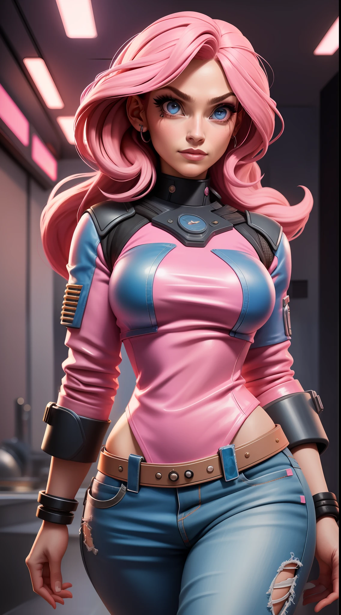 woman, solo, chef, pink hair, light pink eyes, detailed face, ([Elizabeth Banks|Adriana Lima|Salma Hayek]:0.85), (thepit style, uodenim style, stanleylau style, :0.9), masterpiece, professional, high quality, beautiful, amazing, sci-fi, ConceptArtWorld, chanchanko, Steve Dillon, Jean Giraud, photoshoot, 4k, realistic, detailed background, aspiring, real life,