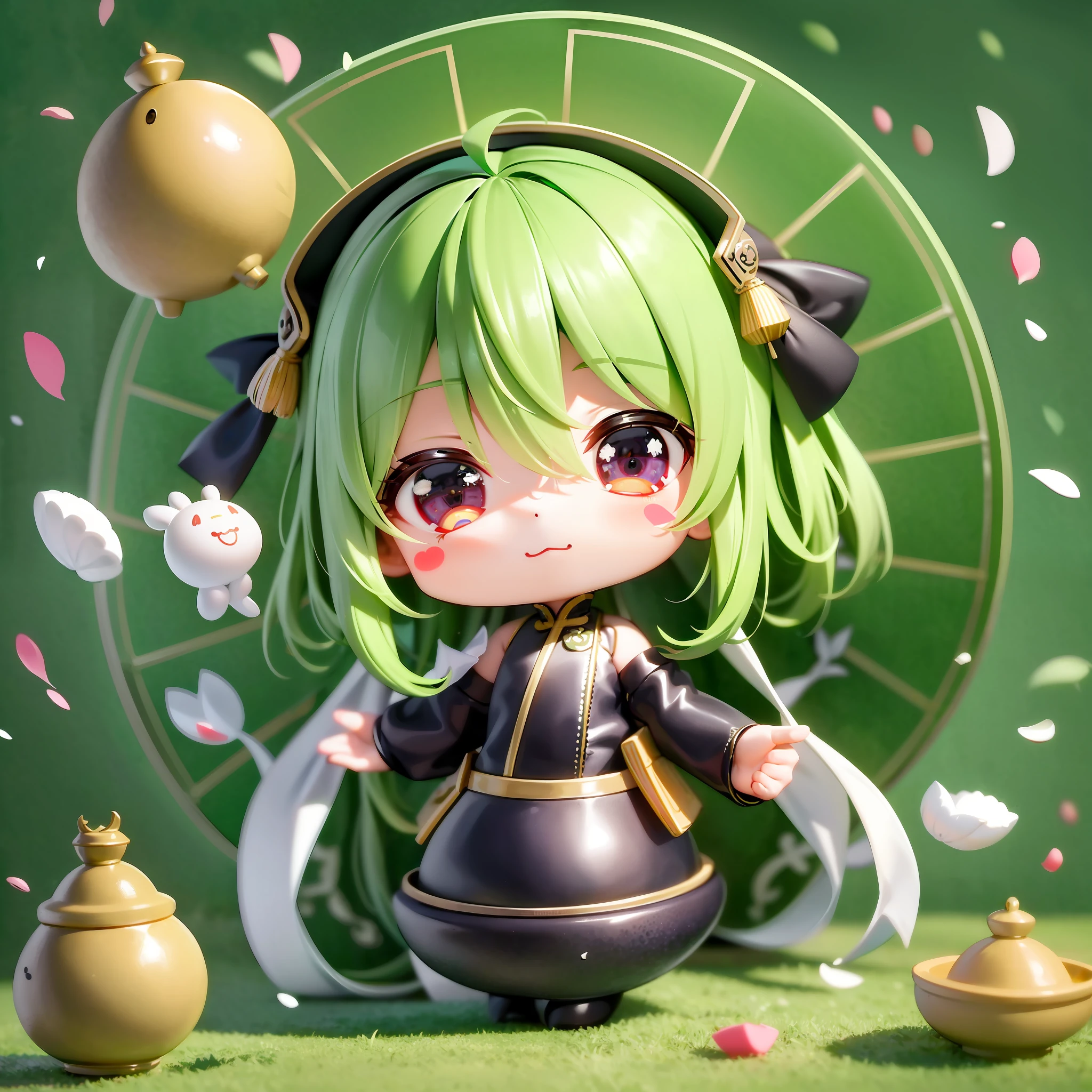 Best Quality, Masterpiece, Dragon Boat Festival Wrapped Glutinous Rice Zongzi, Solo, 1girl, Black Eyes, Zongzi Fairy, (Chibi: 0.6), Light Green Hair, Sticker, Emoji, Cute, White Background, ((Making Food))