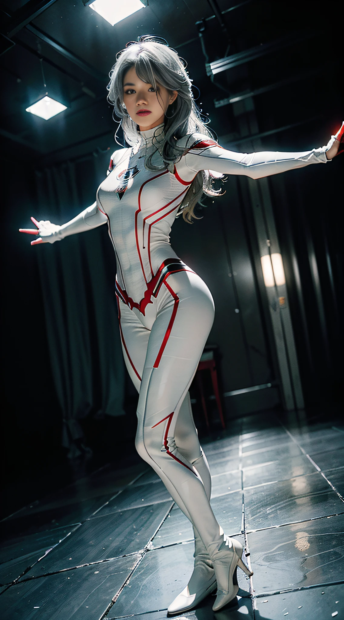 (Extreme Detail CG Unity 8K wallpaper, masterpiece, highest quality), (exquisite lighting and shadow, highly dramatic picture, cinematic lens effect), a girl in a white Spider-Man costume, silver gray hair color, from parallel universes, Marvel, Spider-Man, standing in an empty dance studio, dynamic pose), (excellent detail, outstanding lighting, wide angles), (excellent rendering, enough to stand out in its class), with a focus on the white Spider-Man costume