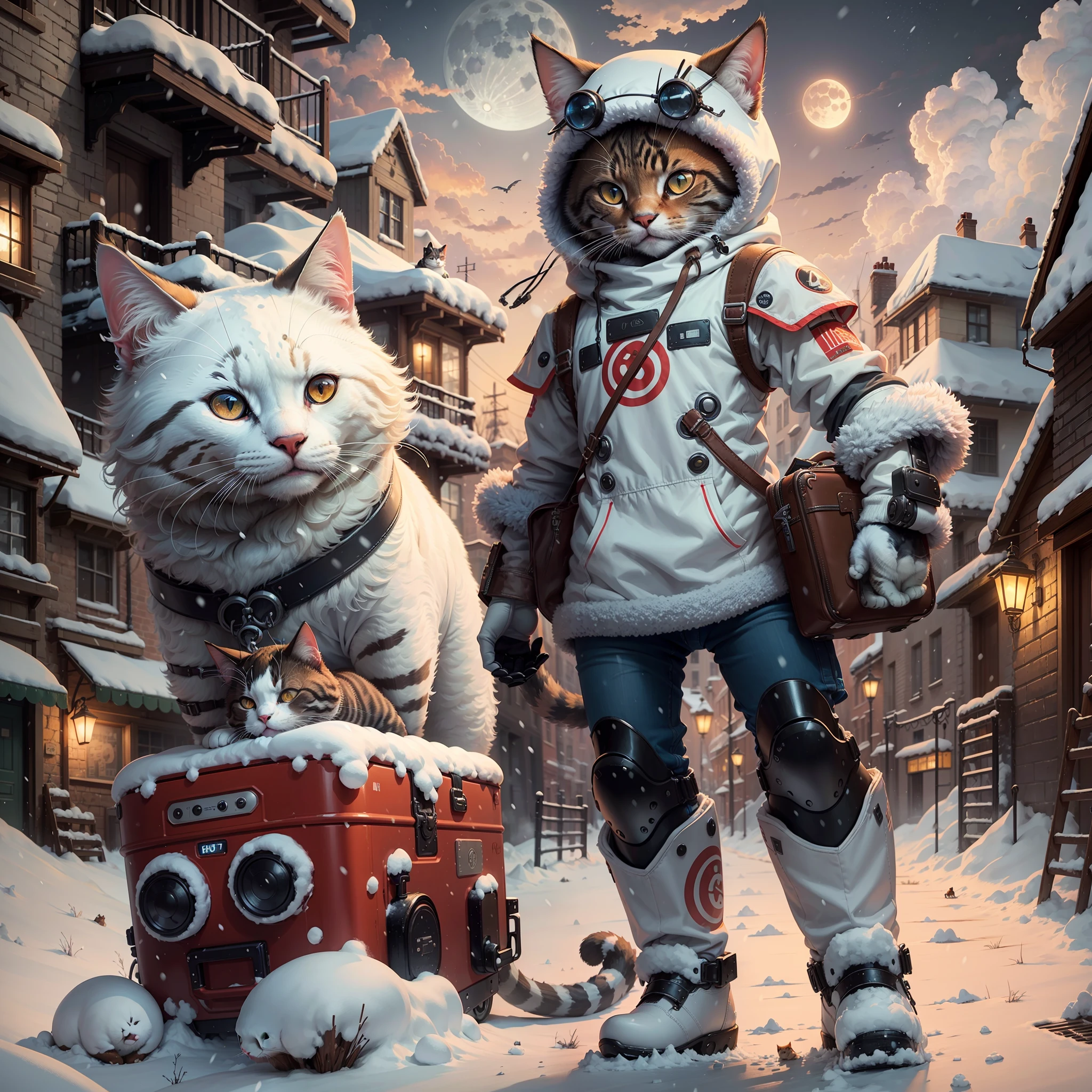 machine, cat, robot cat, snow, moon, only one, otherworld, adventure, world, animals, cat in clothes, magic, future, snowfalling, beautiful, big luggage, staring ahead, city, building