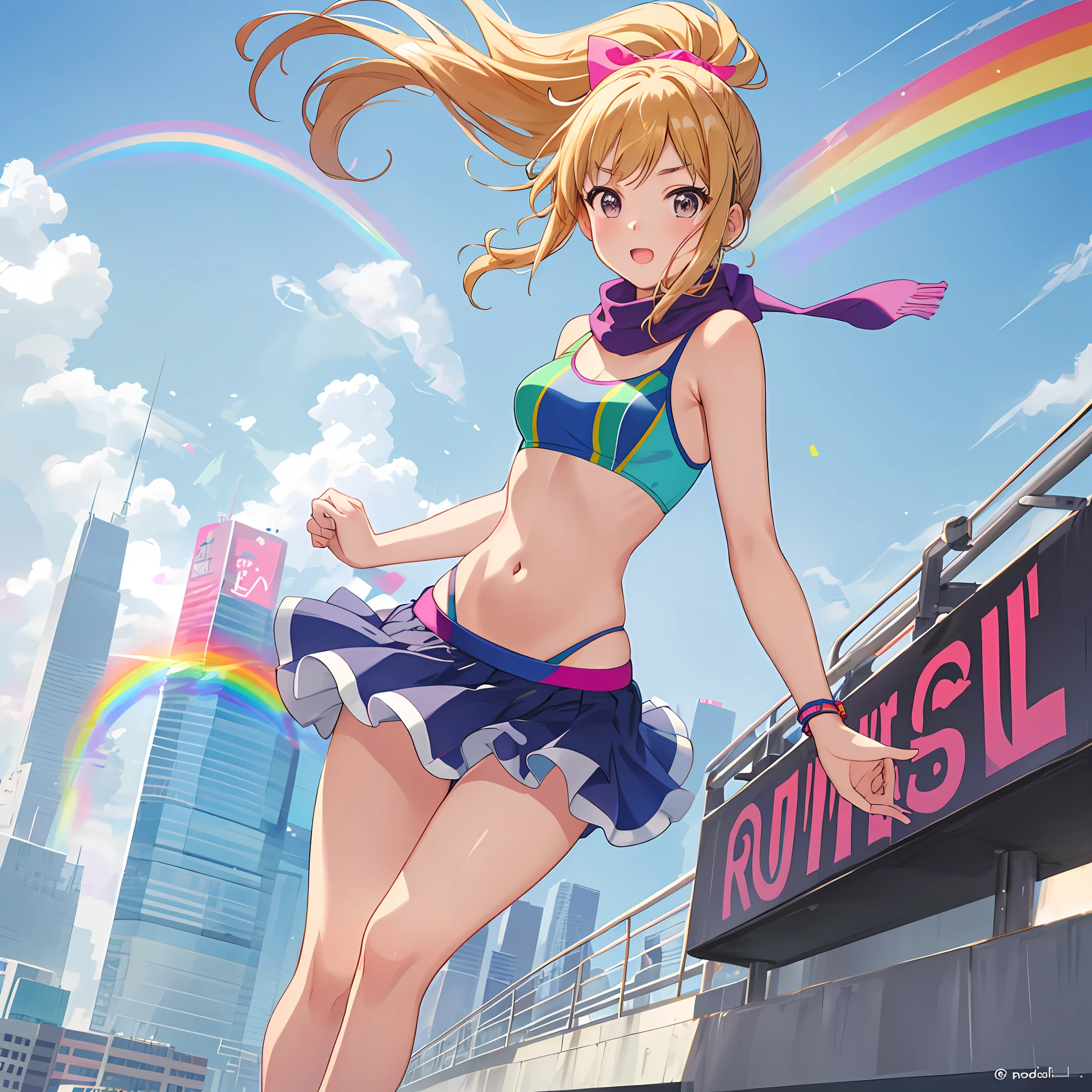 Running on a rainbow, city pop, active pose, feeling of speed, perspective, bokeh, fusion of low-rise pants and flared skirt, tube top bikini, unsymmetrical scarf, small, female brat, thick eyebrows, thin waist, pigtails, beautiful blonde, short bangs, (masterpiece), ((highest quality)), (super detailed), girl, clean and detailed face, five fingers, textile shading, Perfect human structure, perfect anatomy,