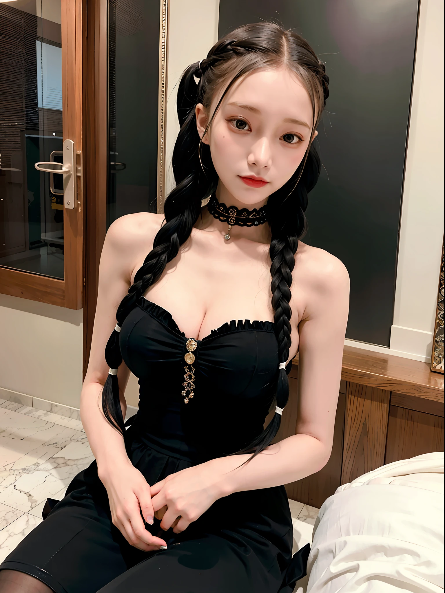best quality, ultra hi res, photoreaslistic, a photography of a beautiful woman, 20yo age, detailed face, black Dutch braids with twists, (detailed porcelain doll,delicate clothes with a lot of frills and ribbons), Mansion pool, (face close up), seductive look, looking at viewer