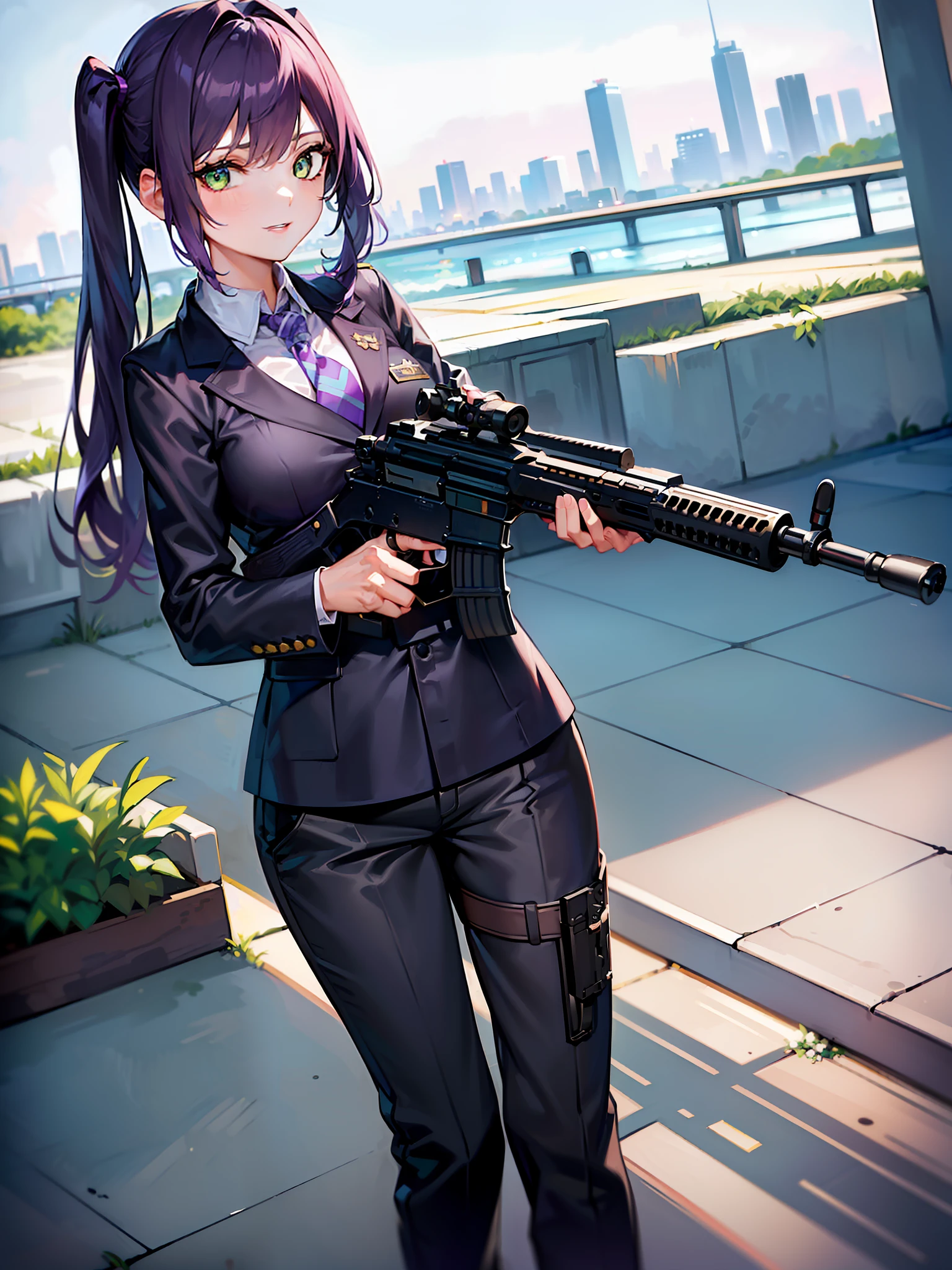 ((masterpiece)), ((best quality)), ((highres)), 1girl, solo, police officer, (matching pants, slacks), city backdrop, (holding rifle, assault rifle, service rifle, detailed rifle, m16a2, trigger discipline), standing, medium hair, (purple hair, twintails), (green eyes),