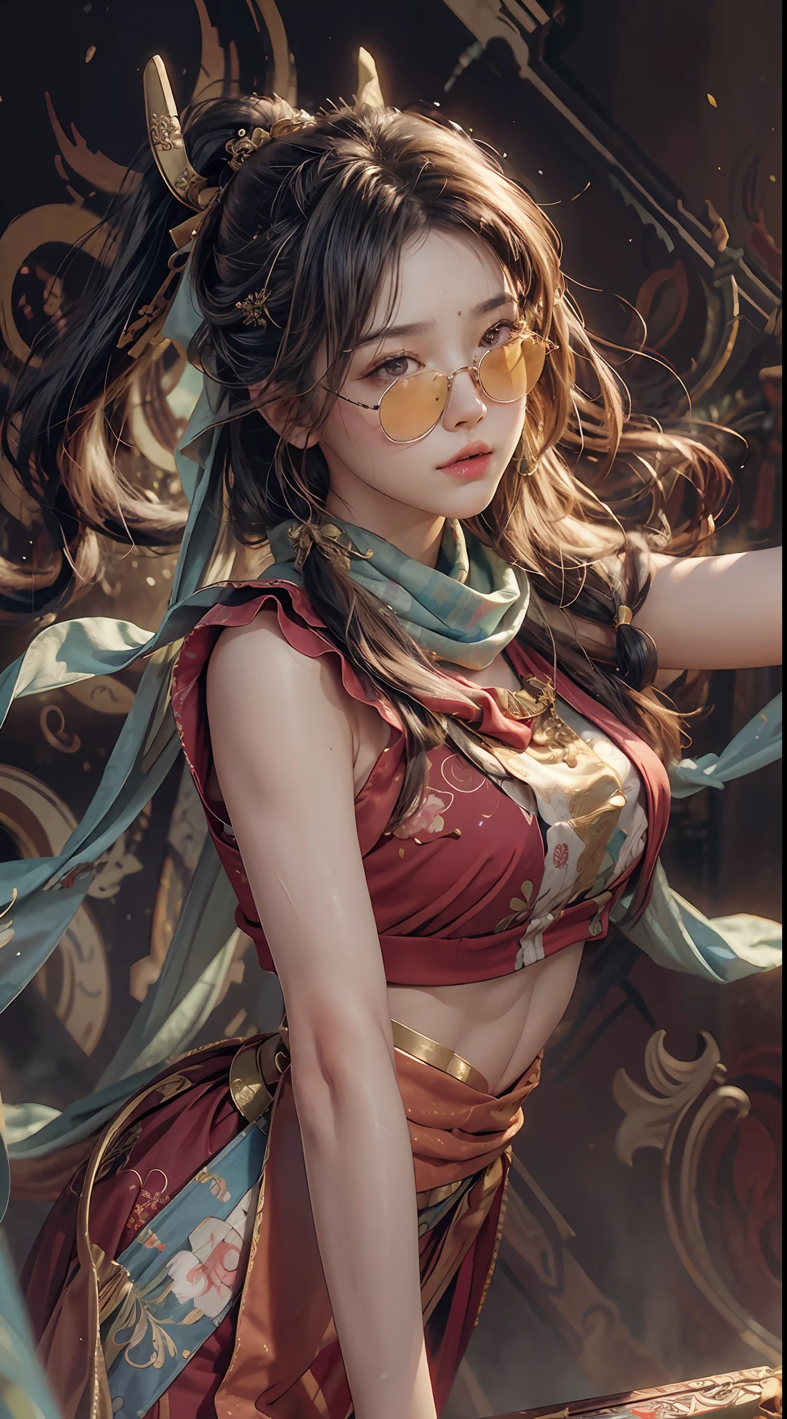 (RAW Photo, Best Quality), (Realistic, Photo Realistic: 1.3), Best Quality, Highly Detailed, Masterpiece, Ultra Detailed, Illustration, 1 Girl, upper_body, Dynamic Angle, World Mastery Theater, messy_long_hair, Best Quality, Extremely Detailed CG Unified 8k Wallpaper, Ink, Amazing, Cinematic Lighting, lens_flare, dunhuang_style, Beautiful Rendering of the Tang Dynasty, (Bad laugh: 1.5) leaning against the mural, (wearing sunglasses: 1.8), floating up scarf, Sony master shot