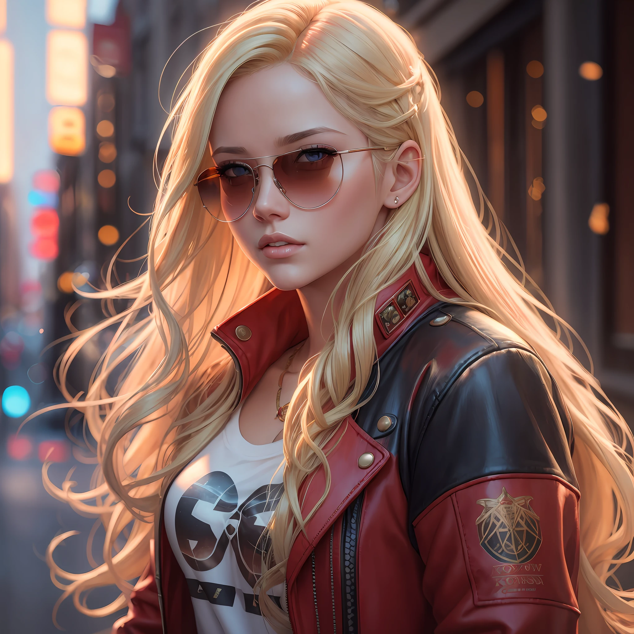 Blonde in sunglasses with long hair and red jacket on city street, beautiful digital photorealistic artwork, beautiful digital photorealistic illustration, 8k artgerm bokeh, gorgeous digital photorealistic painting, stunning digital photorealistic illustration, Ross Tran style inspired by Ross Tran, beautiful portrait [4k digital art]!!, trending on cgstation --auto --s2