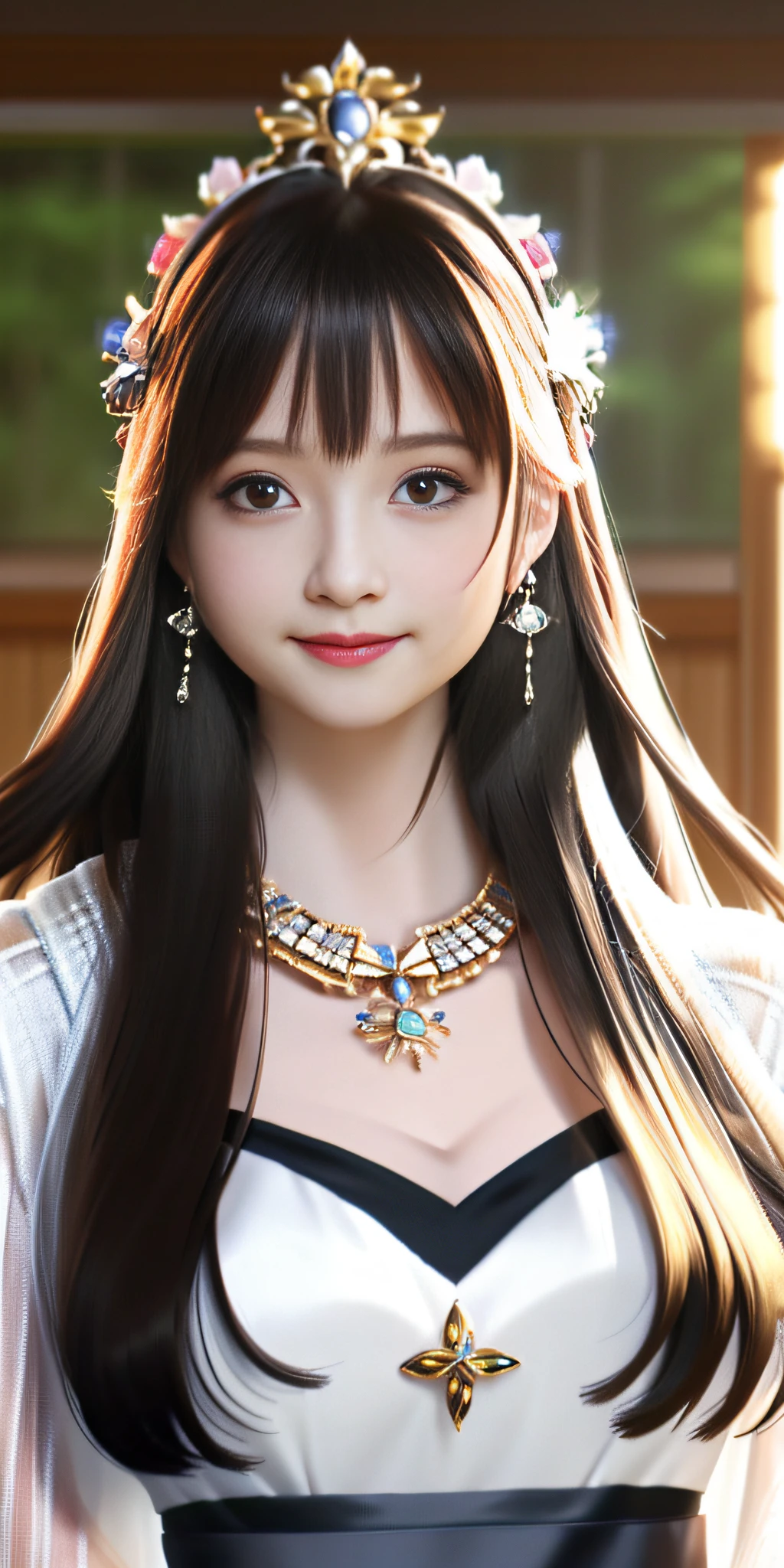 Best quality, masterpiece, high resolution, 1girl, clear silk porcelain dress, beautiful face, hair accessories, looking at the audience, smiling, close your mouth, lips, dress, hair accessories, necklaces, jewelry, long hair, earrings, beautiful face, on the body, Tindal effect, realism, dark studio, edge lighting, two-tone lighting, (high detail skin: 1.2), 8k UHD, DSLR, soft light, high quality, volumetric lighting, photo, high resolution 4K, 8k, blurred background