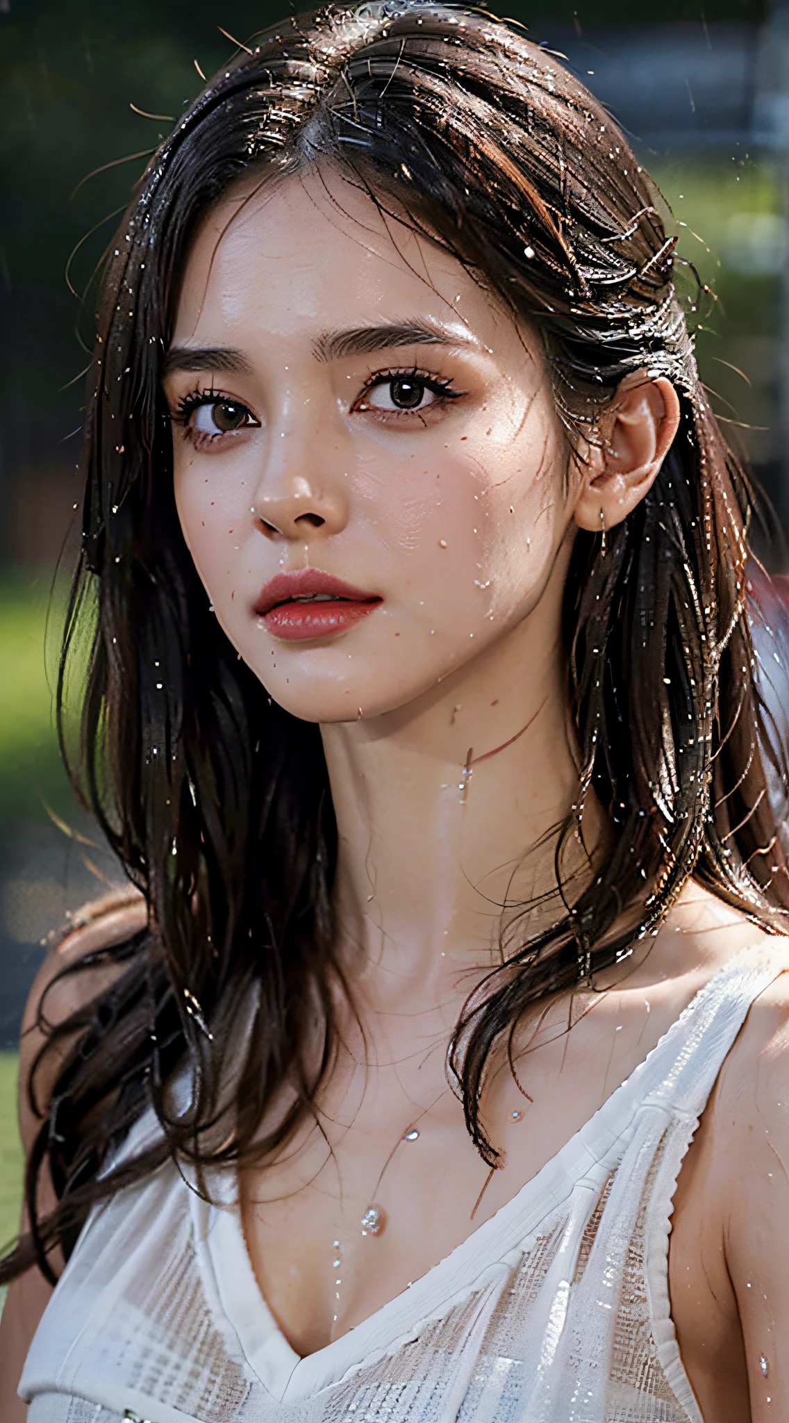 (Best quality, 4k, Masterpiece :1.3), pretty woman, 1girl, sexy :1.1, dark brown hair: 1.1, (rainy wet, wet from rain, wet body :1.2), white tank tops, ultra-detailed face, detailed lips, detailed eyes, double eyelid