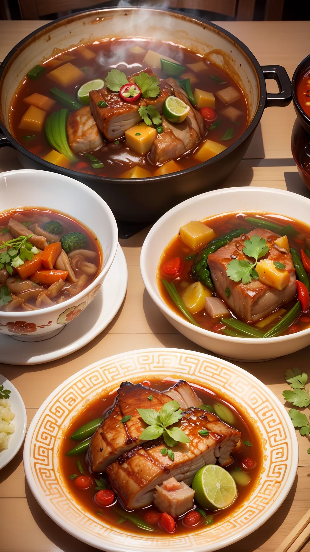 (Traditional Chinese Food + Food Photography) The table is full of authentic food, with good color and aroma, steaming, boiling, stir-frying, roasting a variety of cooking methods, meat, fish and vegetables with their own characteristics, different cooking flavors in the change of seasons, the breath is filled with a strong food aroma, the beauty of food photography and the hearty dishes together constitute an irresistible temptation, making people mouthwater. --auto --s2
