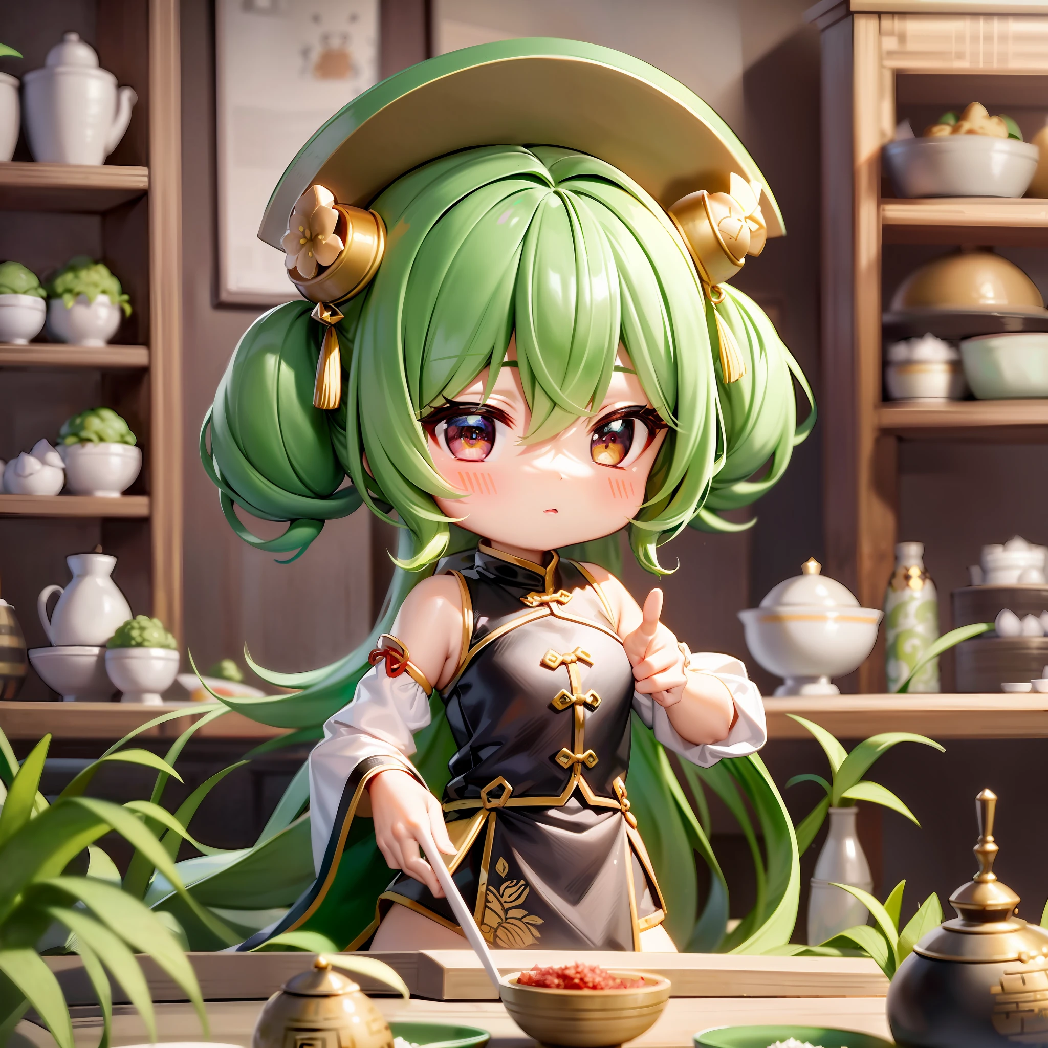 Best Quality, Masterpiece, Dragon Boat Festival Bun (Triangle Glutinous Rice Zongzi), Solo, 1girl, Black Eyes, Zongzi Fairy, Zongzi Girl, Cute, (Chibi: 0.6), Light Green Hair, Sticker, Emoji, Cute, White Background, ((Making Food))