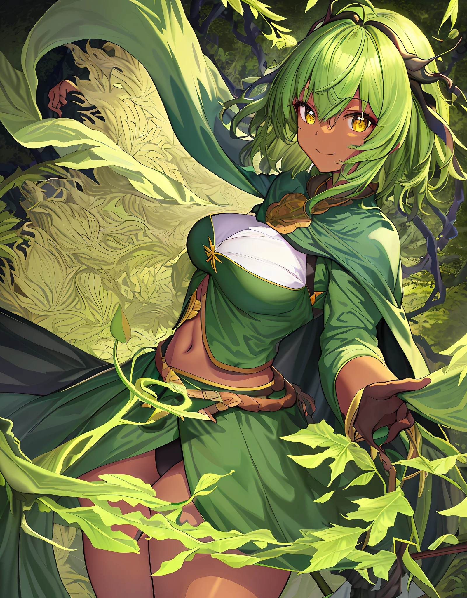 ファンタジー, 1forest_elemental_girl, 格闘, (using_leaves_clothes, green_leaves_covered_breasts, leaves_covered_pussy)+++,big_tits,dynamic_pose_standing, light_smile, 眠い, medium_hair, へそ,(dark_skin)+, オイル, (winding_vine_around_torso)++, (ふっくらと)+,森, trees_background, leaves_headgear, green_leaves_cape, hold_large_long_staff, 太もも,