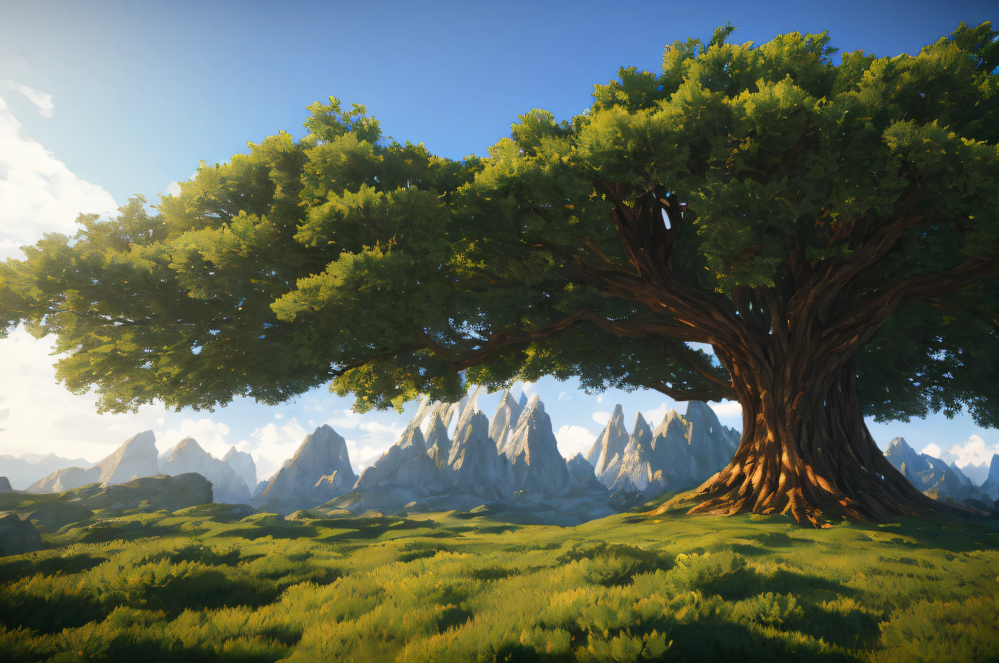 Zebaoth, giant epic fantasy tree, huge mountains, cinematic lens, wide-angle view, realistic, detailed skins, 8k, trending on artstation, smooth, 3d animation --ar 2:1 --v 5 --q 2 --s 750
