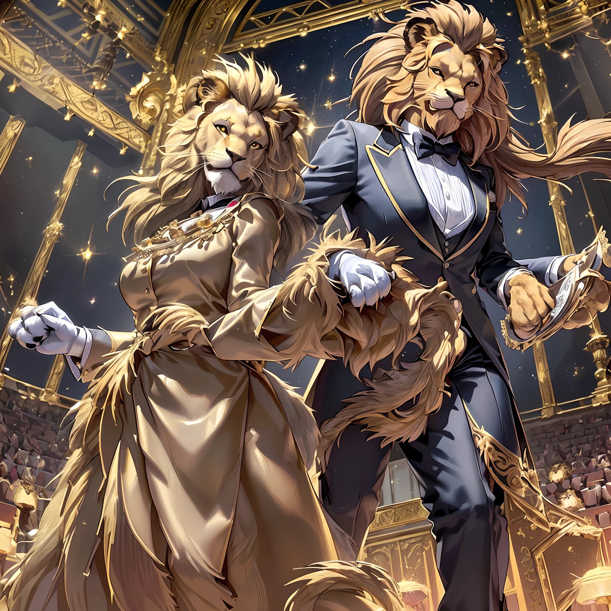 Top quality ultra-fine illustrations(Classic concert, stage, spotlight, tarot card) (beautiful face and eyes with great detail) absurdres perfect anatomy ((Beastman))) (furry, violinist, Tuxedo attire, closed eyes) (furry anthro:1.7) ((((furry body, lion facial features, lion body features)))) ((((animal muzzle highly detailed fur))))full body, smile(dynamic pose),