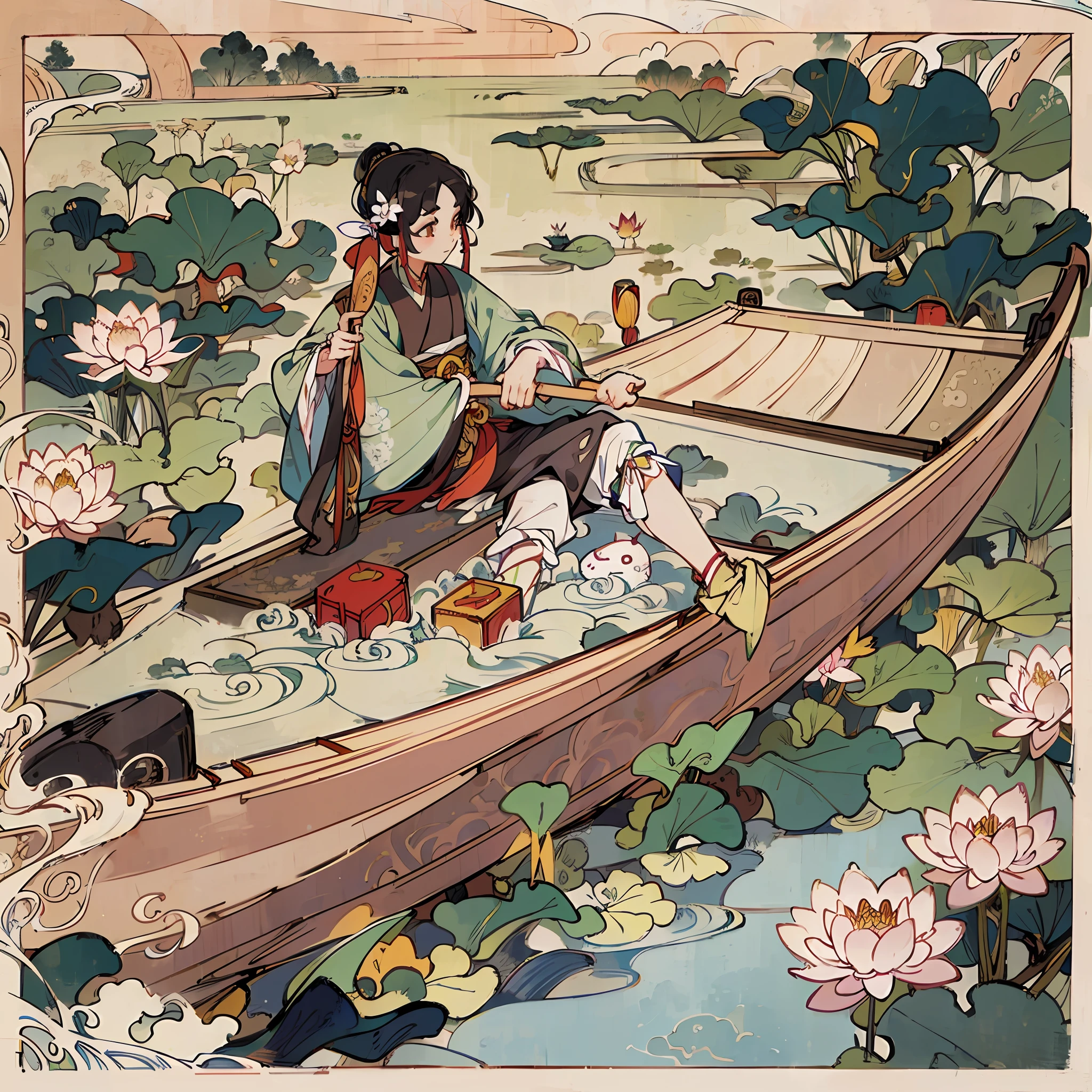 Poster design, (SFW), a rowing little boy, dressed in Chinese Hanfu, dressed with flowers, Dragon Boat Festival, happy, the background is shuttling between mountains and lakes, the lake is full of lotus flowers and lotus leaves, perfect quality, clear focus, colorful, perfect face, intricate details, ultra-low viewing angle, wide angle lens --auto --s2