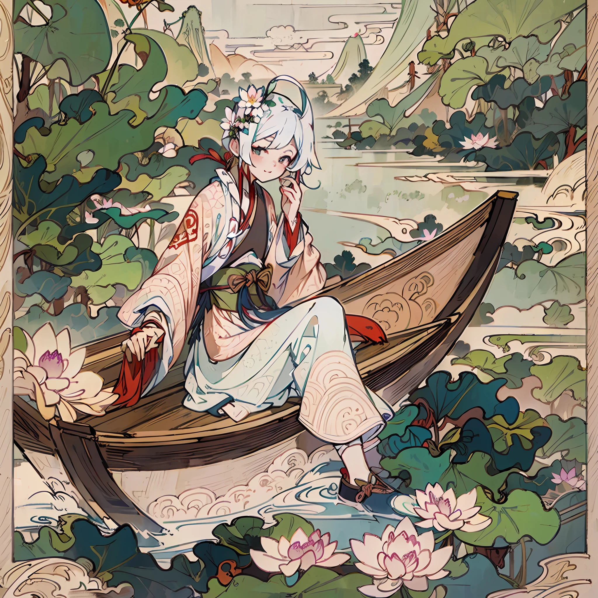 Poster design, (SFW), a rowing , dressed in Chinese Hanfu, dressed with flowers, Dragon Boat Festival, happy, the background is shuttling between mountains and lakes, the lake is full of lotus flowers and lotus leaves, perfect quality, clear focus, colorful, perfect face, intricate details, ultra-low viewing angle, wide angle lens --auto --s2