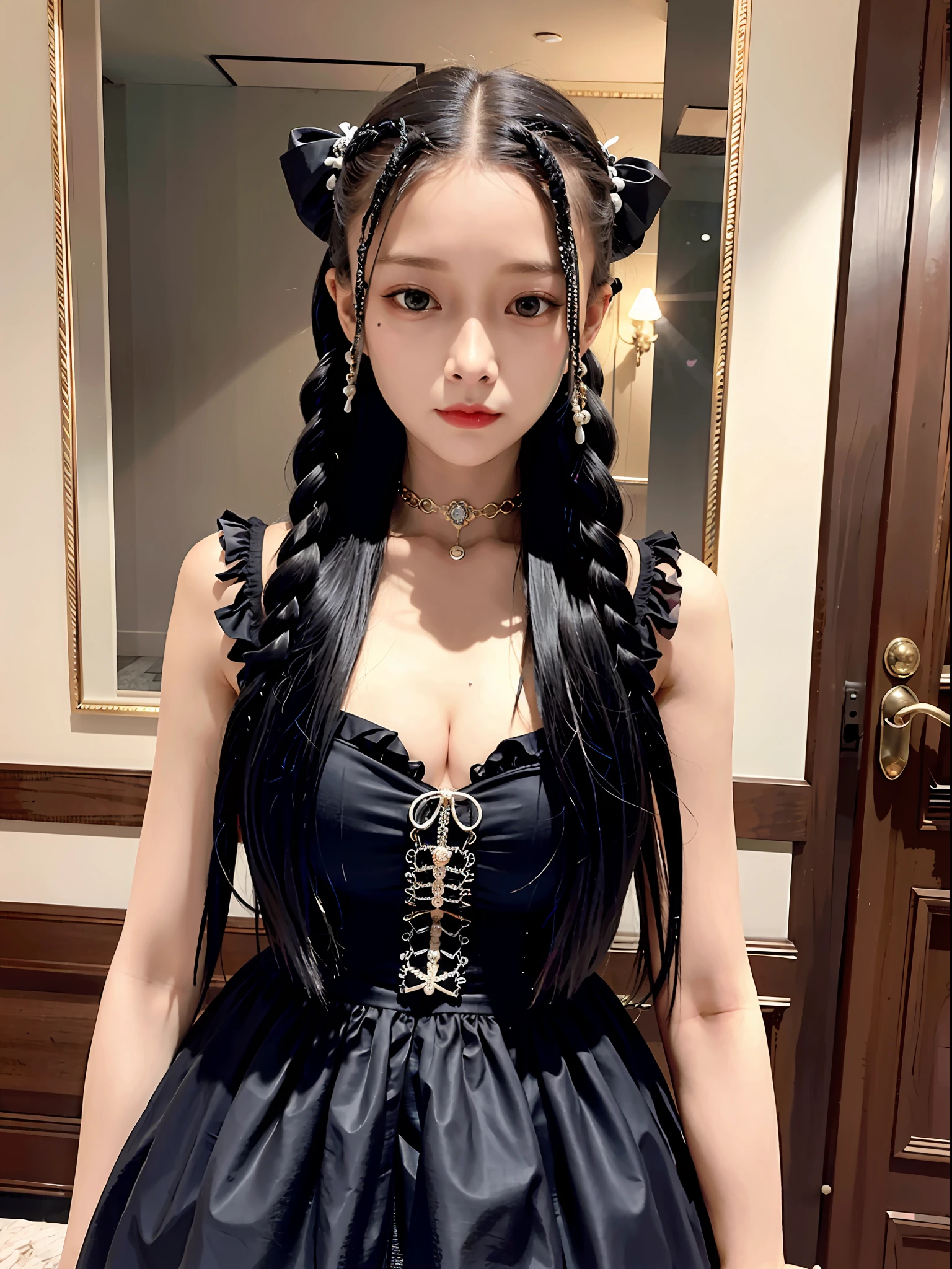 best quality, ultra hi res, photoreaslistic, a photography of a beautiful woman, 20yo teen age, detailed face, black Dutch braids with twists, (detailed porcelain doll,delicate clothes with a lot of frills and ribbons), Mansion pool, (face close up), seductive look, looking at viewer