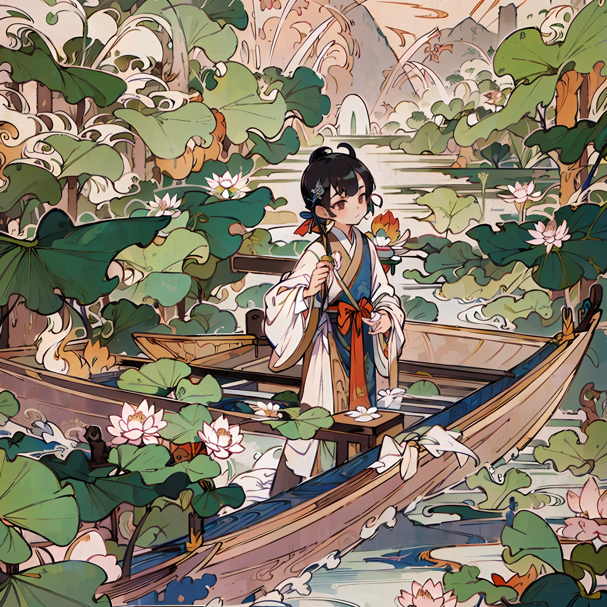 Poster design, (SFW), a rowing little boy, dressed in Chinese Hanfu, dressed with flowers, Dragon Boat Festival, happy, the background is shuttling between mountains and lakes, the lake is full of lotus flowers and lotus leaves, perfect quality, clear focus, colorful, perfect face, intricate details, ultra-low viewing angle, wide angle lens --auto --s2
