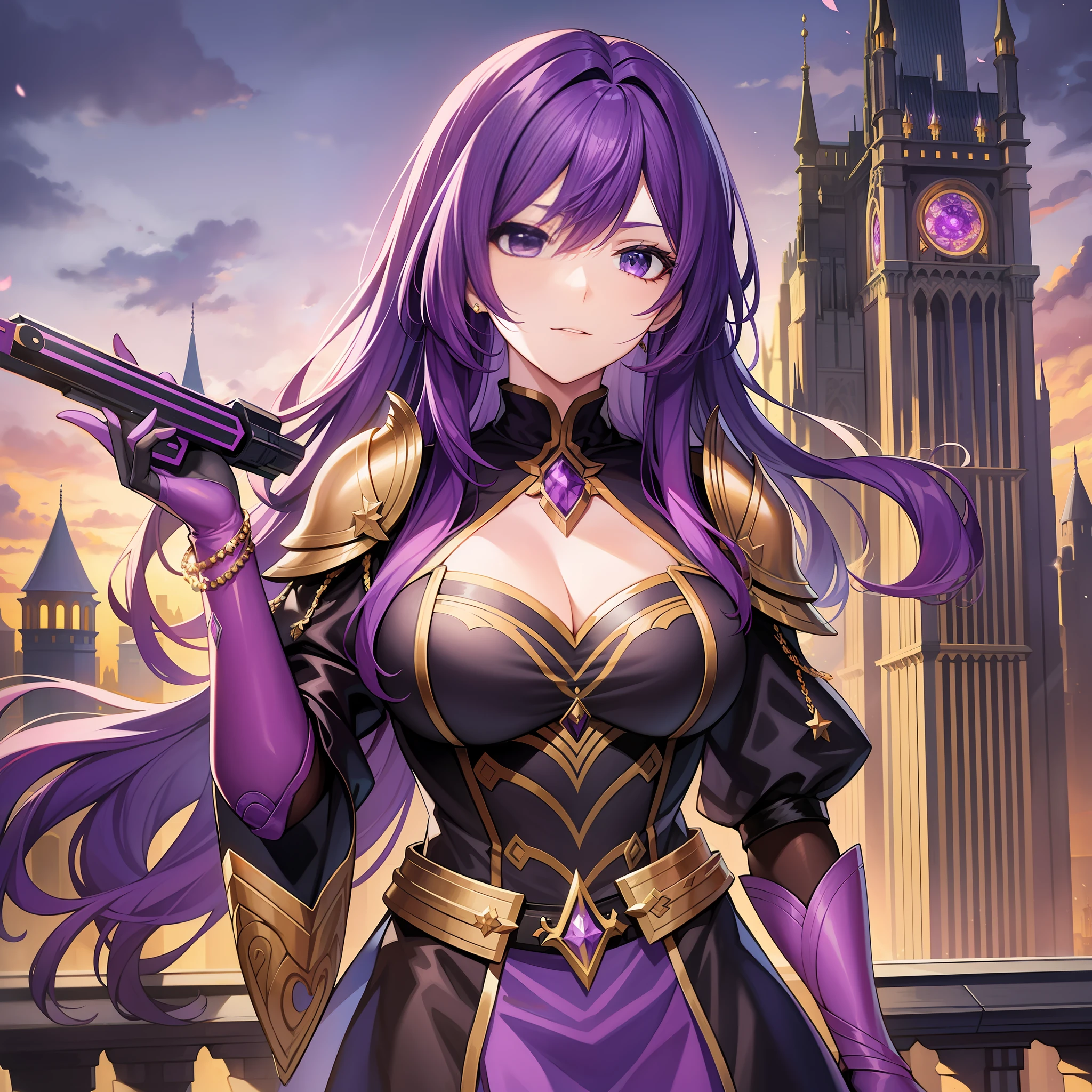 Characters' expressions: fierce and mighty, with pride and confidence in their eyes.
Hairstyle and color: long dark purple hair, with tidbits in the tidbits, like a pegasus in the purple sky, looks extremely gorgeous.
Clothing style and color: wearing heavy armor, purple armor inlaid with gold patterns, looks very spectacular.
Accessories on the figure: a purple neckband and an amethyst bracelet, shining like the star of Chongyu.
Character pose: Holding a purple gold iron gun, standing on a towering tower, overlooking the entire city.
Location: Vast city, with a castle in the center, and on the tower of the castle, the female emperor stands.
Atmosphere: solemn and solemn
Environmental characteristics: the city is paved with iron tools, the flow of people is sparse, and the air still flows with an indescribable sense of solemnity.
Ambient time: Dusk