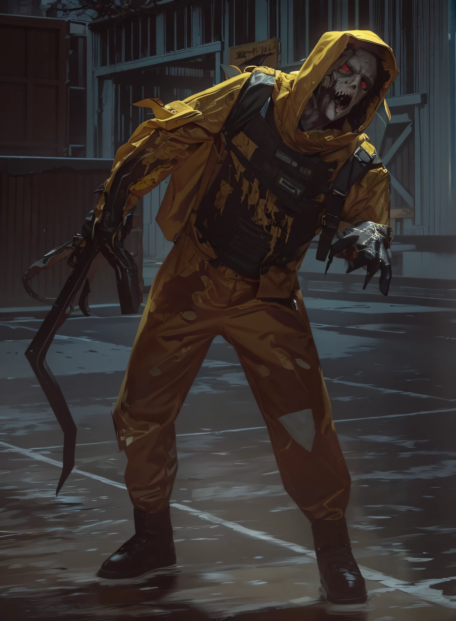 1 zombie, a zombie in a yellow radiation protection suit, one hand is a tentacle, afternoon lighting, scary face, rough skin, upper body, close-up, 8k, RAW photo, best quality, masterpiece, realism,dark, spooky, zombie, undead, horror, blood, decay, rotting, torn clothes, pale skin, eerie, red eyes, disheveled hair, frightening, teeth, bones, graveyard, moonlight, shadows, creepy, gory