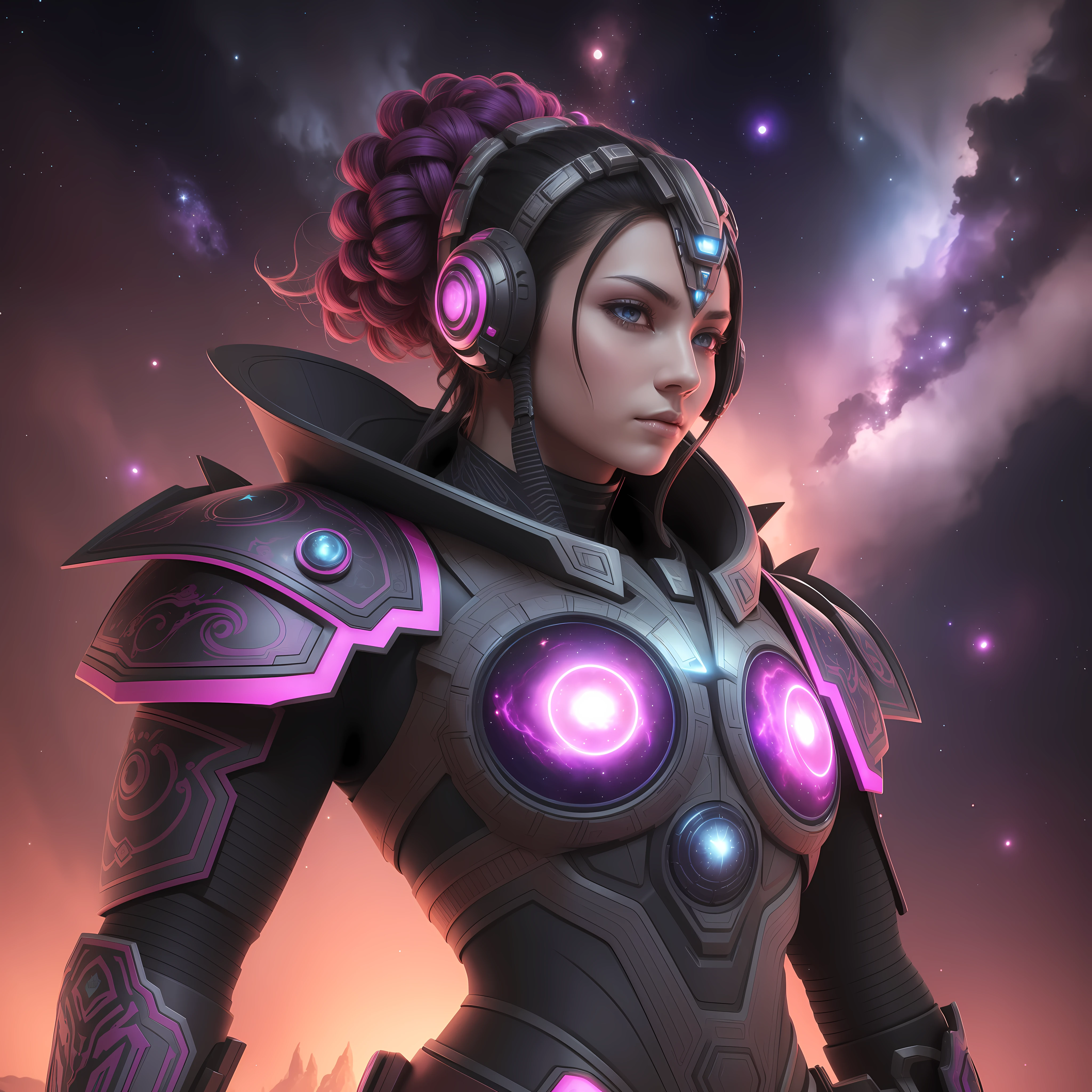 The gorgeous and super-strong ancient alien warrior, dark horror futurism, background with many stars, a bright nebula in pink and purple, cinematic, fine details, 8k, (dark shot: 0.7), subsurface scattering, (ambient lighting: 1.3), (ArtStation: 1.3) Steam punk, hyper realistic, blue, pink and orange colors --auto --s2