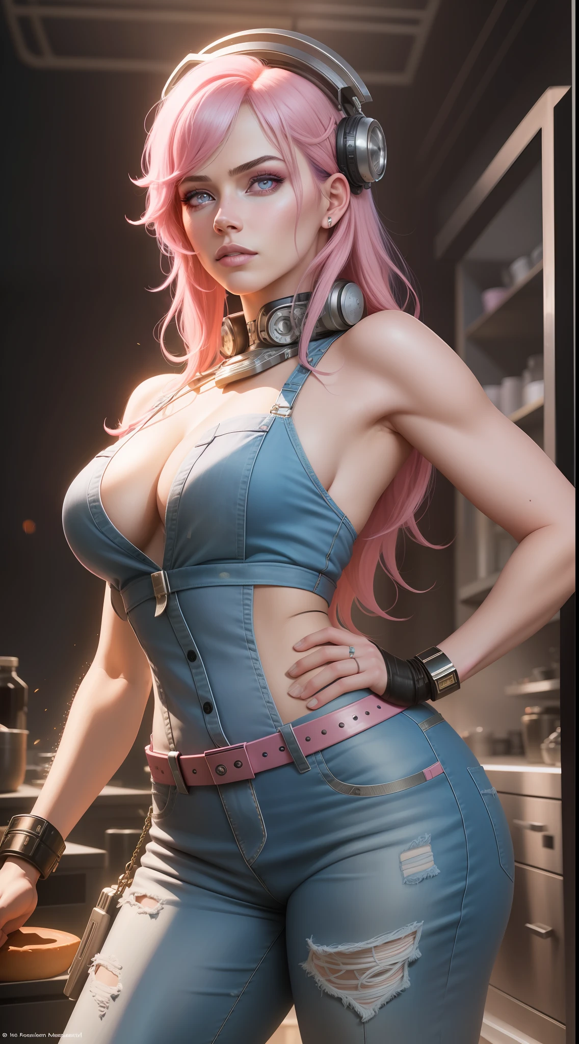 woman, solo, chef, pink hair, light pink eyes, detailed face, ([Elizabeth Banks|Adriana Lima|Salma Hayek]:0.85), (thepit style, uodenim style, stanleylau style, :0.9), masterpiece, professional, high quality, beautiful, amazing, sci-fi, ConceptArtWorld, chanchanko, Steve Dillon, Jean Giraud, photoshoot, 4k, realistic, detailed background, aspiring, real life,