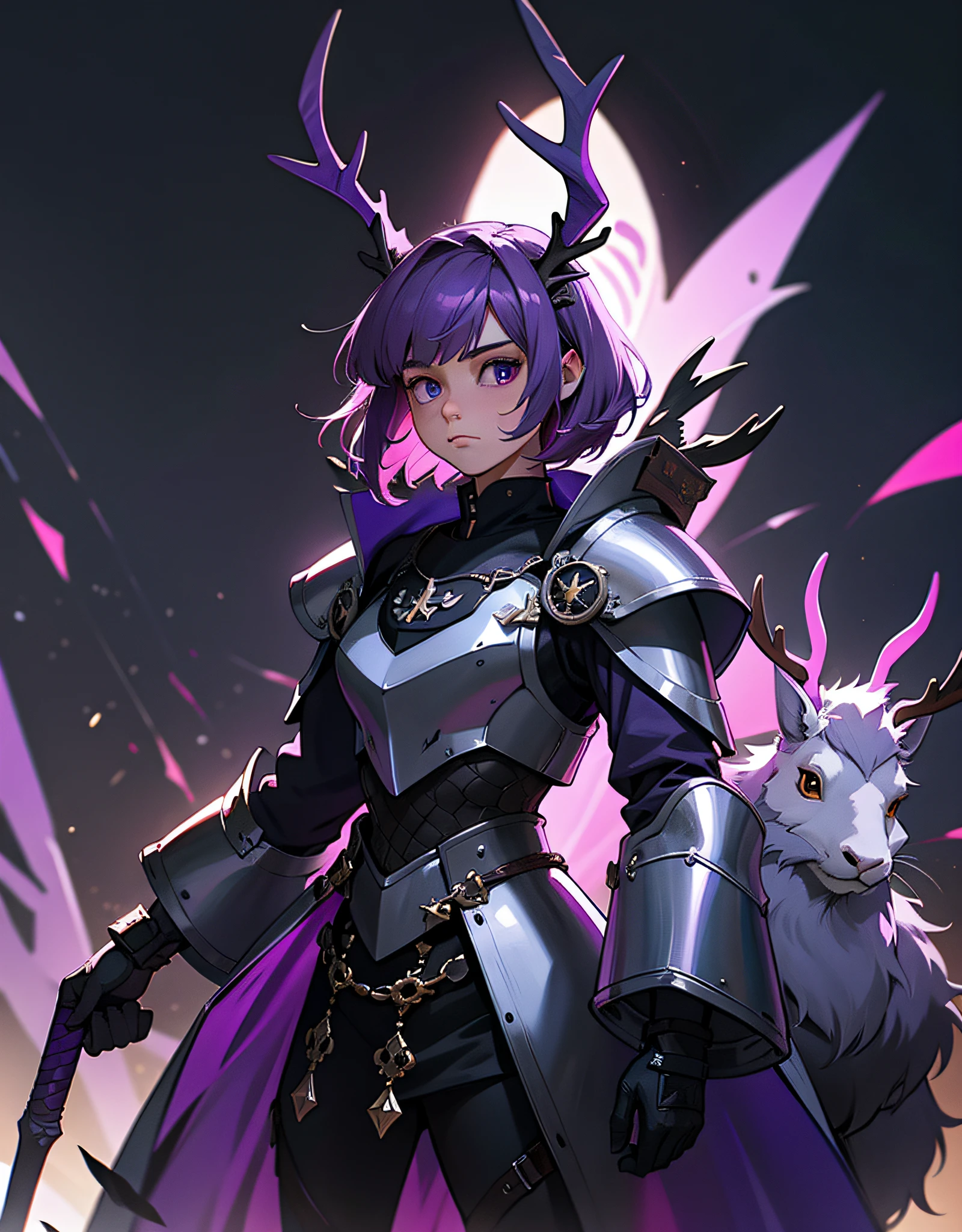 Knight Jackalope, short purple hair, jackalope antlers, dark armor(masterpiece, best quality)