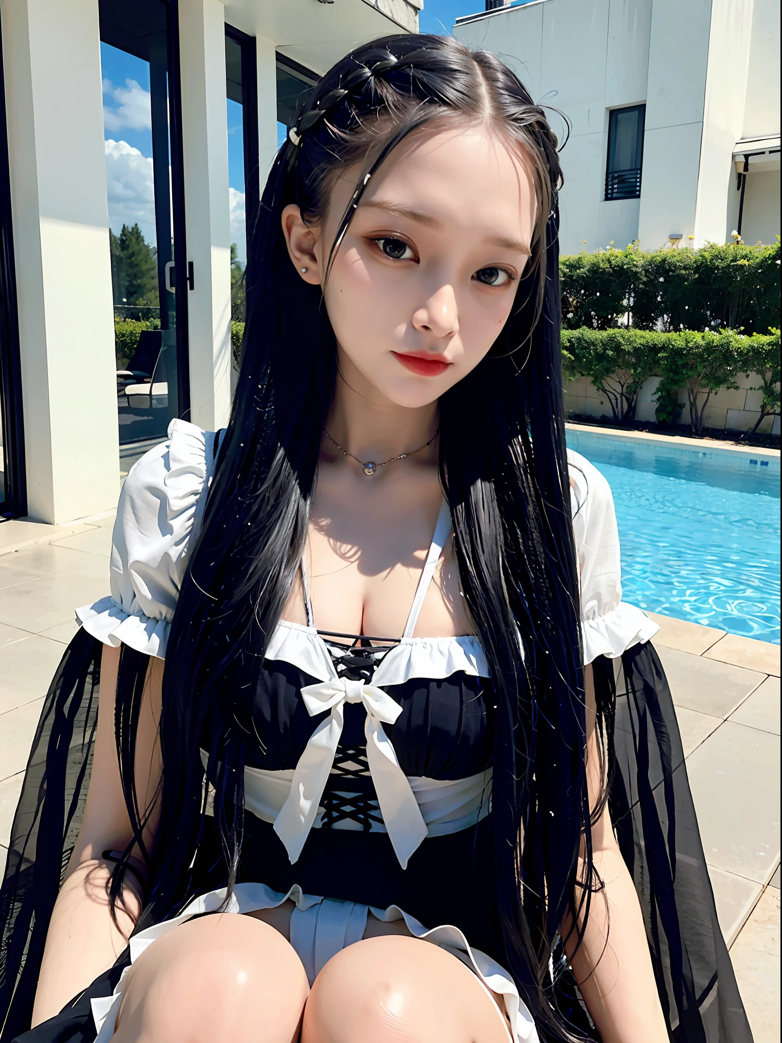 best quality, ultra hi res, photoreaslistic, a photography of a beautiful woman, 20yo teen age, detailed face, black Dutch braids with twists, (detailed porcelain doll,delicate clothes with a lot of frills and ribbons), Mansion pool, (face close up), seductive look, looking at viewer