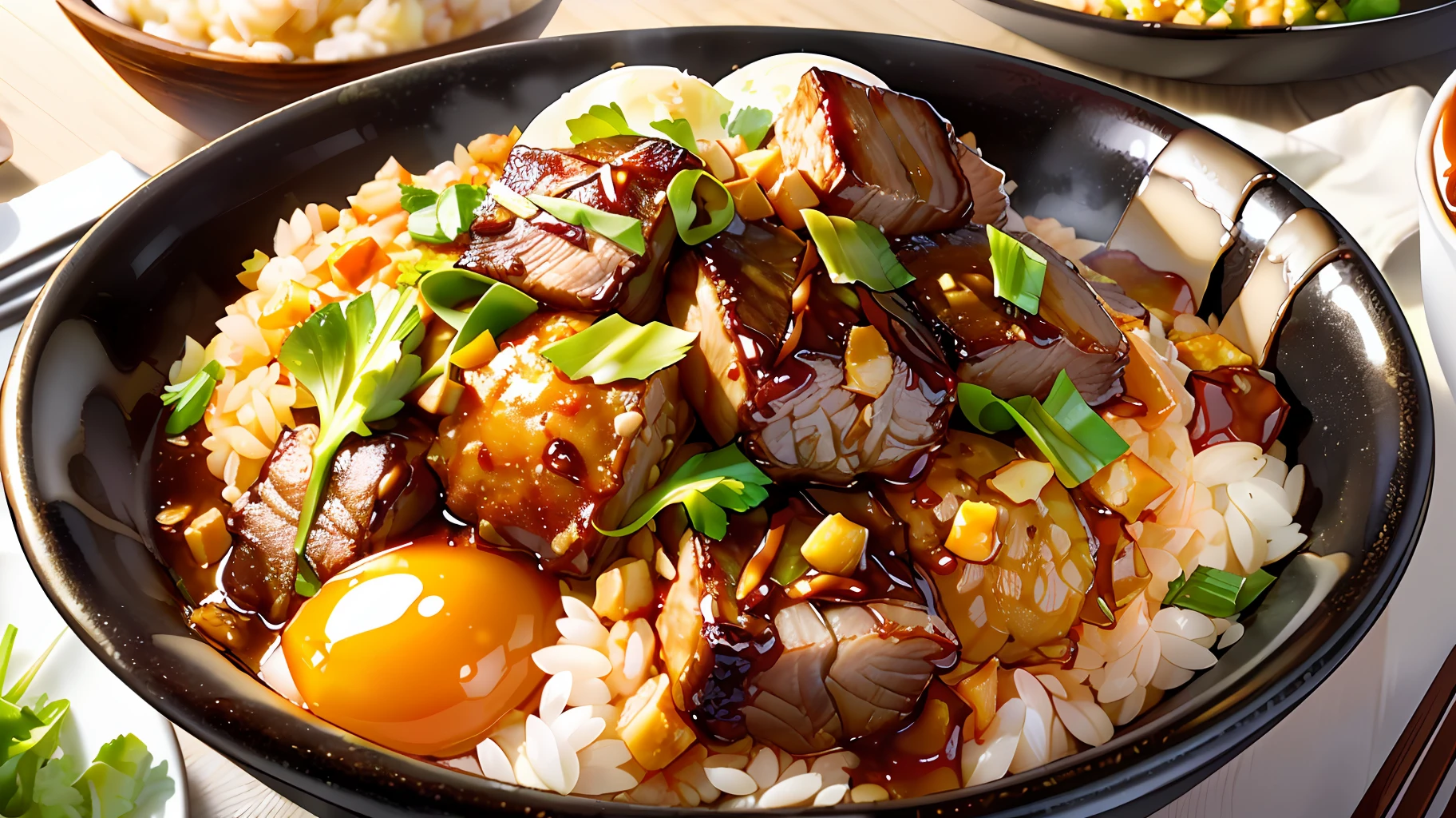 (A bowl of golden egg fried rice, yellow gold, Guangdong Roast Pork: 1.4, greens, Beijing roast duck: 1.3, beef stew: 1.2, bright colors and tempting appetite, exquisite presentation, fragrant taste, folk snacks)
