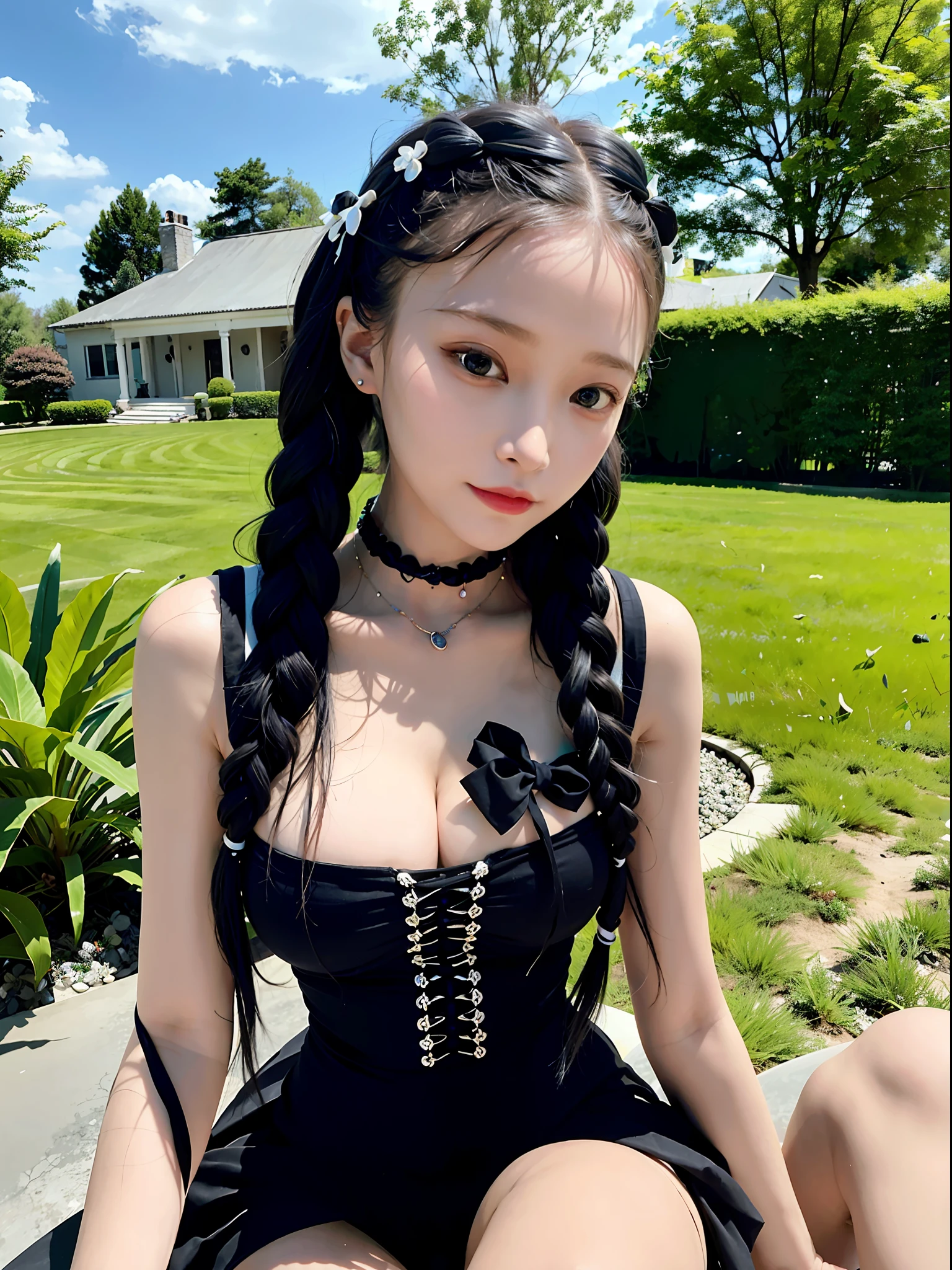 best quality, ultra hi res, photoreaslistic, a photography of a beautiful woman, 20yo age, detailed face, black Dutch braids with twists, (detailed porcelain doll,delicate clothes with a lot of frills and ribbons), Mansion pool, (face close up), seductive look, looking at viewer
