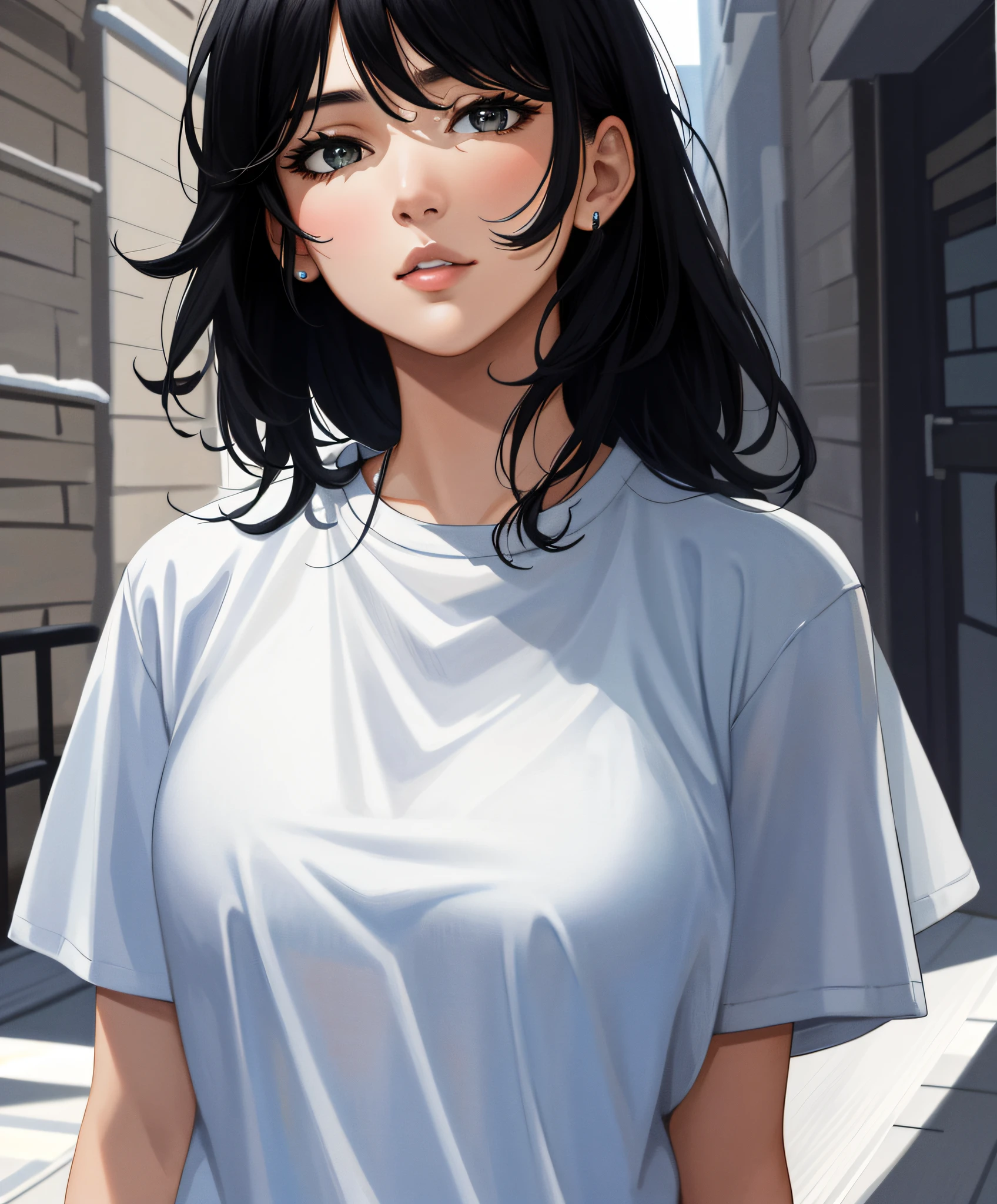 masterpiece, High quality, Sharp focus, 1lady, Canadian women, Black hair, Extra large T-shirt, Perfect face, Perfect jawline, Textured skin, Beautiful lips, Upper body shot, Cold lighting, Cool atmosphere, 8K, UHD, Absurd