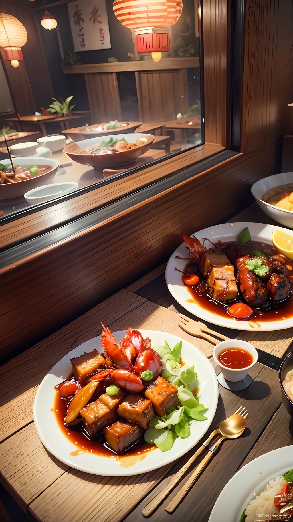 Wide-angle photography, vivid colors, dazzling perspective effects, as if right in front of you, a table full of details of Chinese cuisine, roast duck, braised pork, kung pao chicken, lobster, and dry pot duck paw with wild goose feathers, the details of the food are realistic and will make your mouth water. --auto --s2