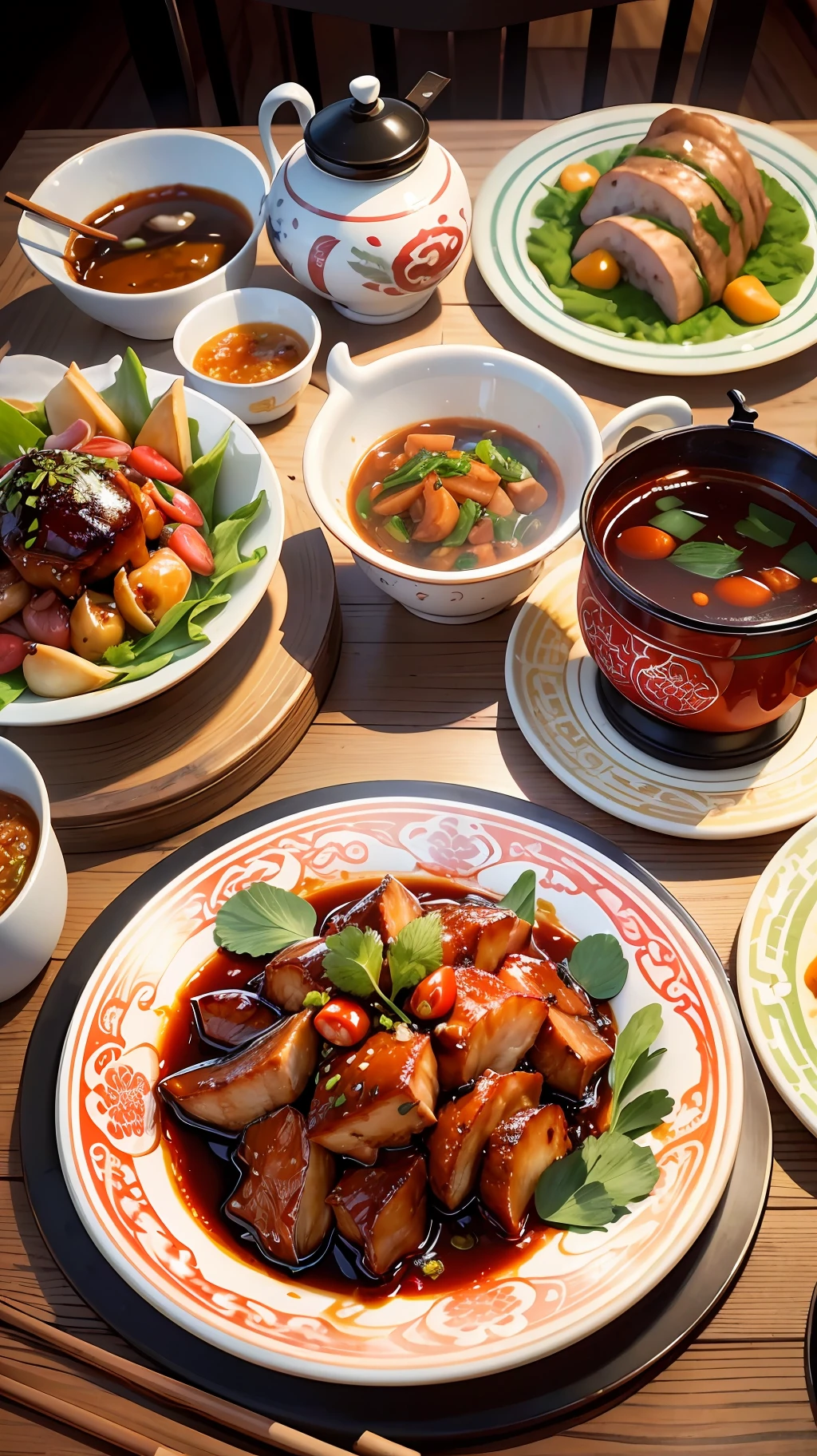 Wide-angle photography, vivid colors, dazzling perspective effects, as if right in front of you, a table full of details of Chinese cuisine, roast duck, braised pork, kung pao chicken, lobster, and dry pot duck paw with wild goose feathers, the details of the food are realistic and will make your mouth water. --auto --s2
