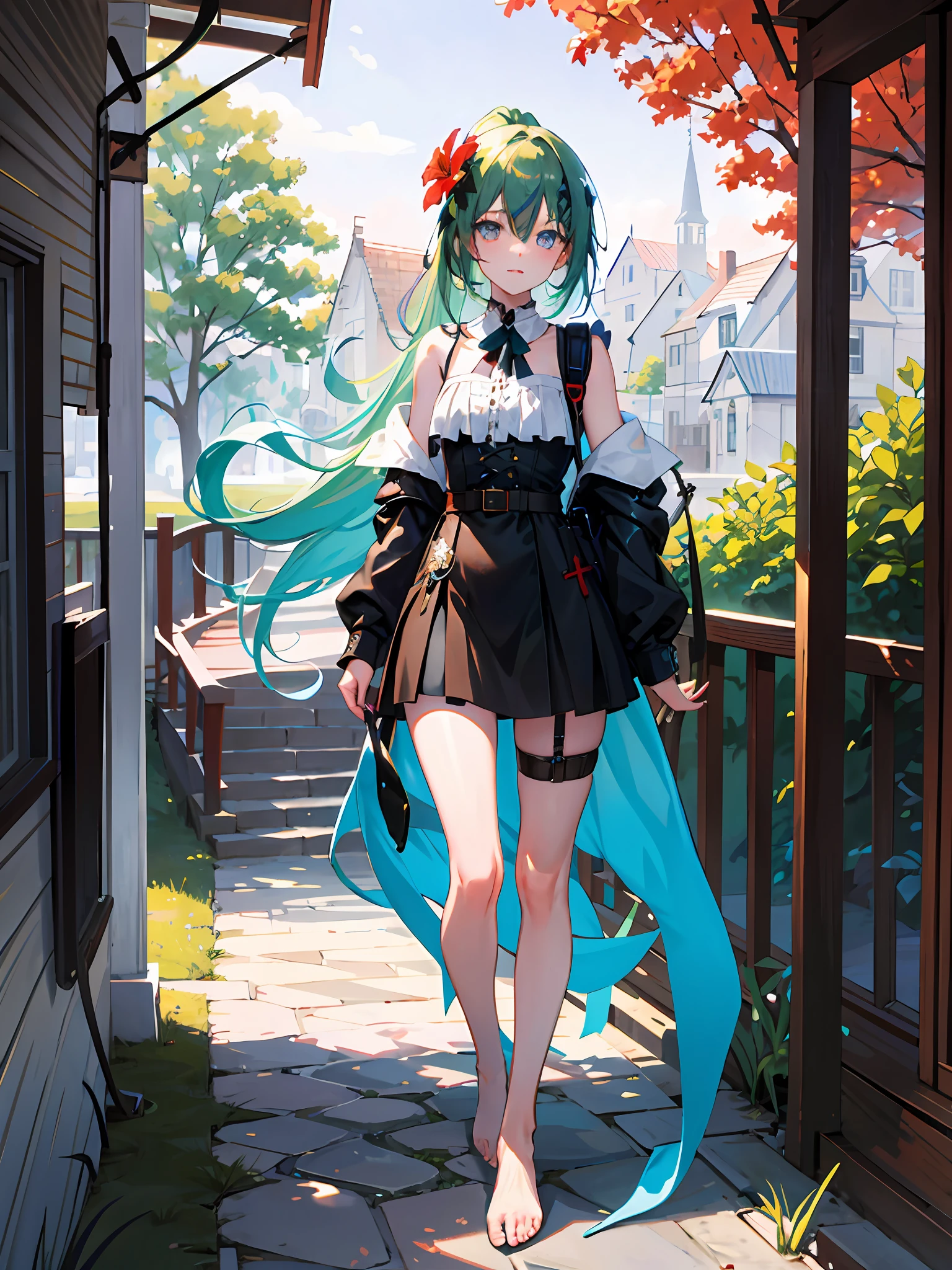 (delicately beautiful eyes and detailed face, masterpiece side light, masterpiece, best quality, detailed, high-resolution illustration), (fantasy background, village, trees, woods), knight (1girl, full body, nude, naked, beautiful girl, shiny skin, looking at the audience), (green hair, big ponytail, bangs, long hair, red and blue heterochromic pupils, red eyes on the left, blue eyes on the right, underboob), (clothed_ underbust: 1.2), (8k, best quality, masterpiece: 1, 2), 4k, nude, show figure, naked, top quality, masterpiece, glasses, green hair, long hair, green bangs, light green big ponytail, heterochromic pupil, left eye blue pupil, right eye red pupil, left eye blue, right eye red, left eye sapphire, right eye ruby, angel wings, head ring, white head flower, casual wear, black backpack strap, neck strap, bare foot, single body, ankle ring, leg ring, flat chest, tomboy, outdoor exposure, edge rubbing, leaky flesh