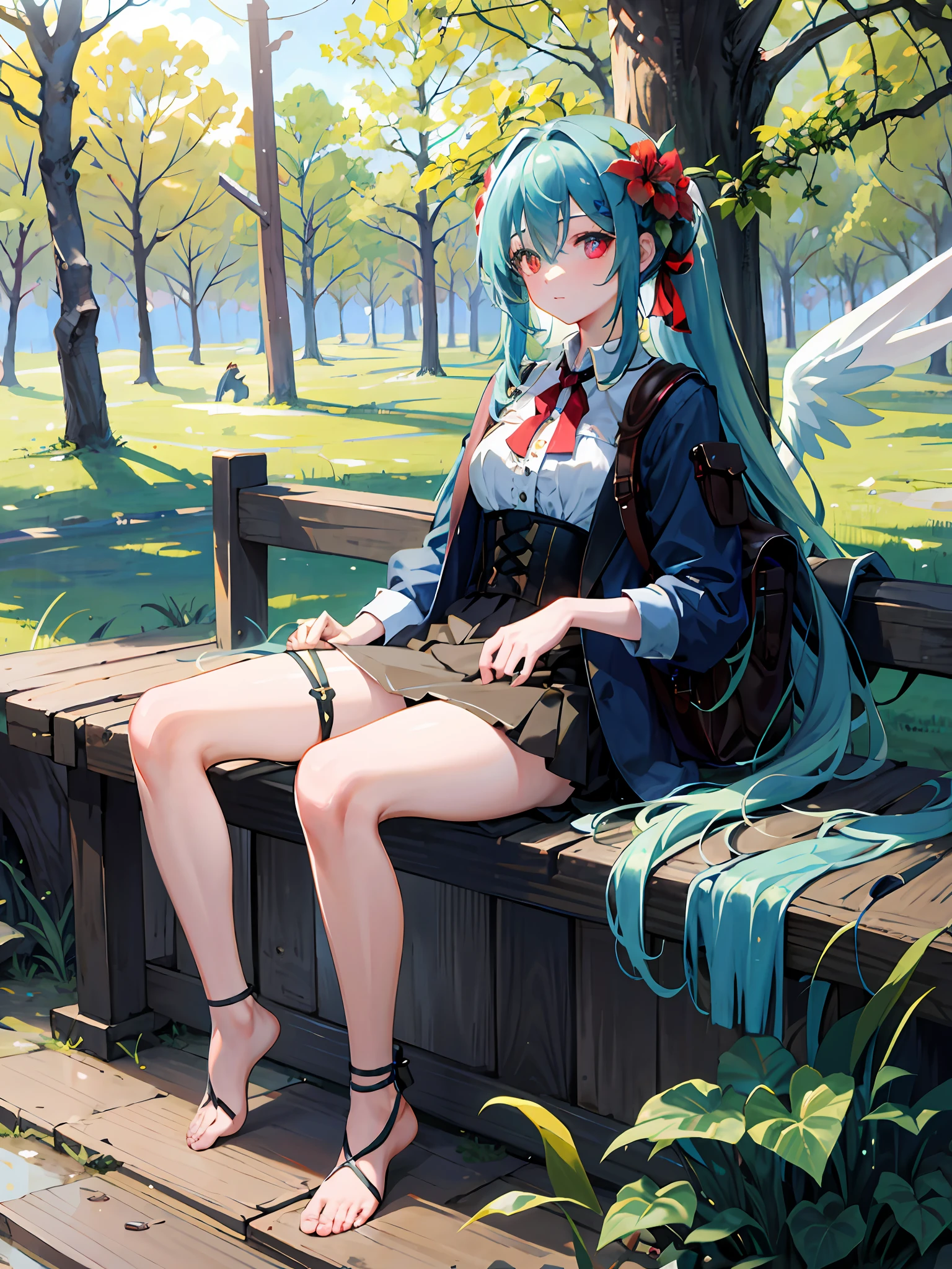 (delicately beautiful eyes and detailed face, masterpiece side light, masterpiece, best quality, detailed, high-resolution illustration), (fantasy background, village, trees, woods), knight (1girl, full body, nude, naked, beautiful girl, shiny skin, looking at the audience), (green hair, big ponytail, bangs, long hair, red and blue heterochromic pupils, red eyes on the left, blue eyes on the right, underboob), (clothed_ underbust: 1.2), (8k, best quality, masterpiece: 1, 2), 4k, nude, show figure, naked, top quality, masterpiece, glasses, green hair, long hair, green bangs, light green big ponytail, heterochromic pupil, left eye blue pupil, right eye red pupil, left eye blue, right eye red, left eye sapphire, right eye ruby, angel wings, head ring, white head flower, casual wear, black backpack strap, neck strap, bare foot, single body, ankle ring, leg ring, flat chest, tomboy, outdoor exposure, edge rubbing, leaky flesh