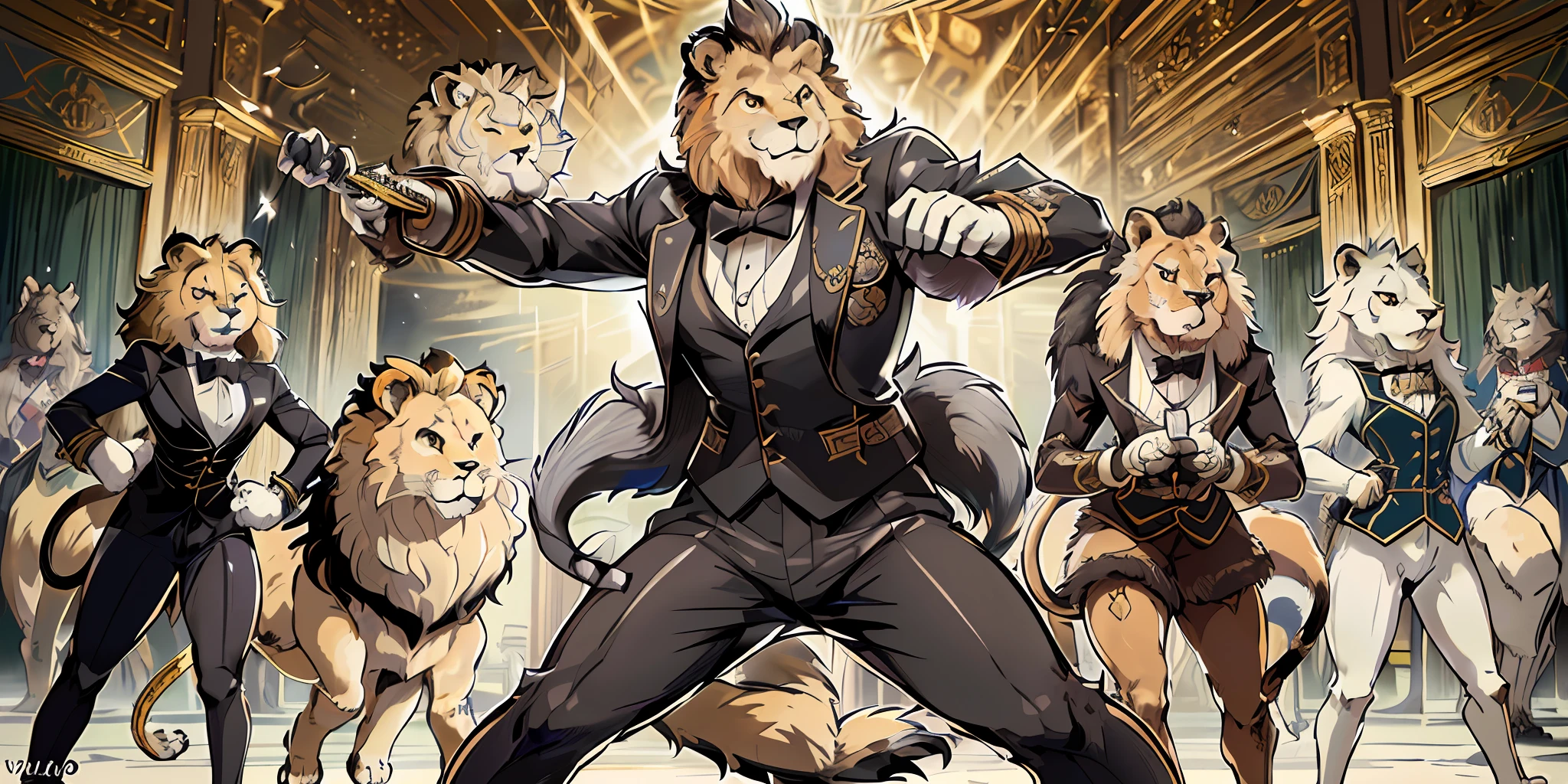 Top quality ultra-fine illustrations(Classic concert, Opera house, spotlight, tarot card) (beautiful face and eyes with great detail) absurdres perfect anatomy ((Beastman))) (furry, Tuxedo attire, rapier, pocket watch, Intimidation, combat stance, hero) (furry anthro:1.7) ((((furry body, lion facial features, lion body features)))) ((((animal muzzle highly detailed fur))))full body, smile(dynamic pose),