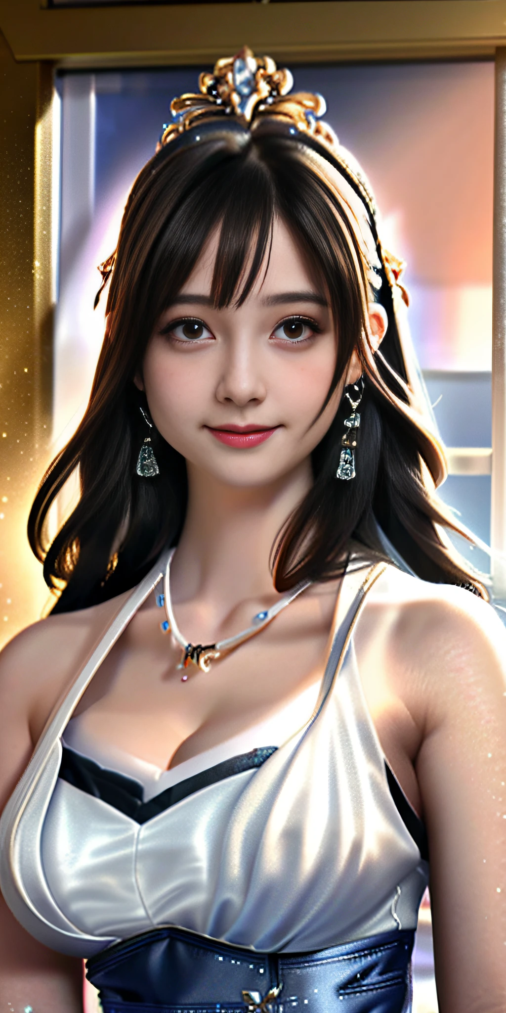 Best quality, masterpiece, high resolution, 1girl, clear silk porcelain dress, beautiful face, hair accessories, looking at the audience, smiling, close your mouth, lips, dress, hair accessories, necklaces, jewelry, long hair, earrings, beautiful face, Full body, ((huge breasts, cleavage)), Tindal effect, realism, dark studio, edge lighting, two-tone lighting, (high detail skin: 1.2), 8k UHD, DSLR, soft light, high quality, volumetric lighting, photo, high resolution 4K, 8k, blurred background