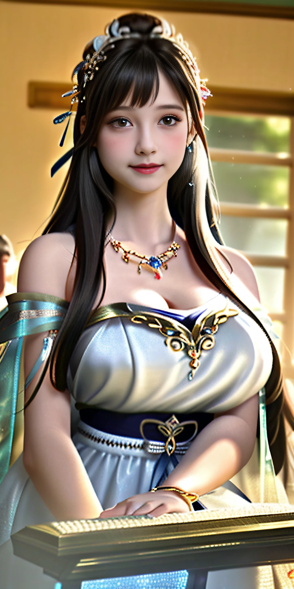 Best quality, masterpiece, high resolution, 1girl, clear silk porcelain dress, beautiful face, hair accessories, looking at the audience, smiling, close your mouth, lips, dress, hair accessories, necklaces, jewelry, long hair, earrings, beautiful face, Full body, ((huge breasts, cleavage)), Tindal effect, realism, dark studio, edge lighting, two-tone lighting, (high detail skin: 1.2), 8k UHD, DSLR, soft light, high quality, volumetric lighting, photo, high resolution 4K, 8k, blurred background