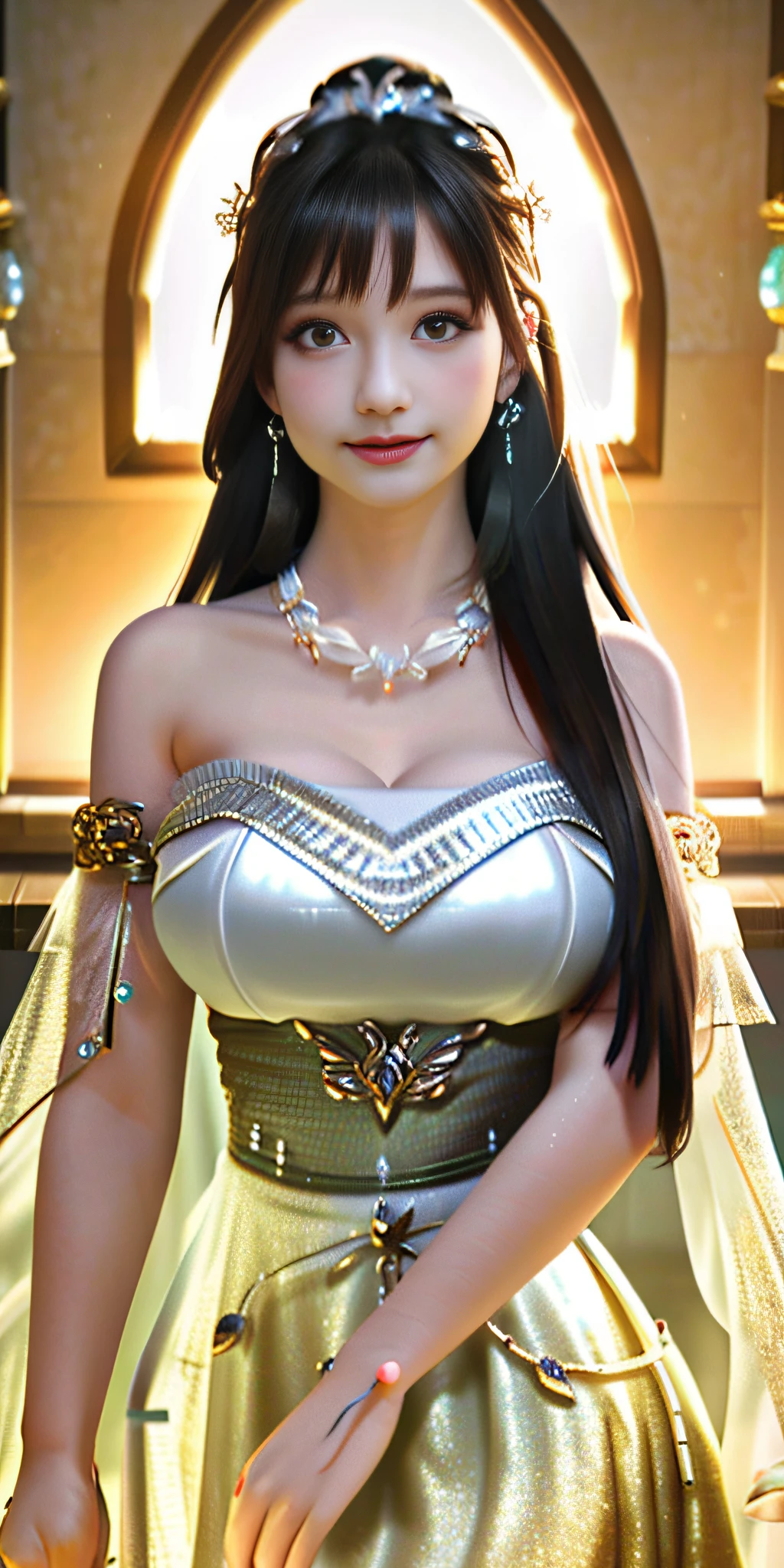 Best quality, masterpiece, high resolution, 1girl, clear silk porcelain dress, beautiful face, hair accessories, looking at the audience, smiling, close your mouth, lips, dress, hair accessories, necklaces, jewelry, long hair, earrings, beautiful face, Full body, ((huge breasts, cleavage)), Tindal effect, realism, dark studio, edge lighting, two-tone lighting, (high detail skin: 1.2), 8k UHD, DSLR, soft light, high quality, volumetric lighting, photo, high resolution 4K, 8k, blurred background