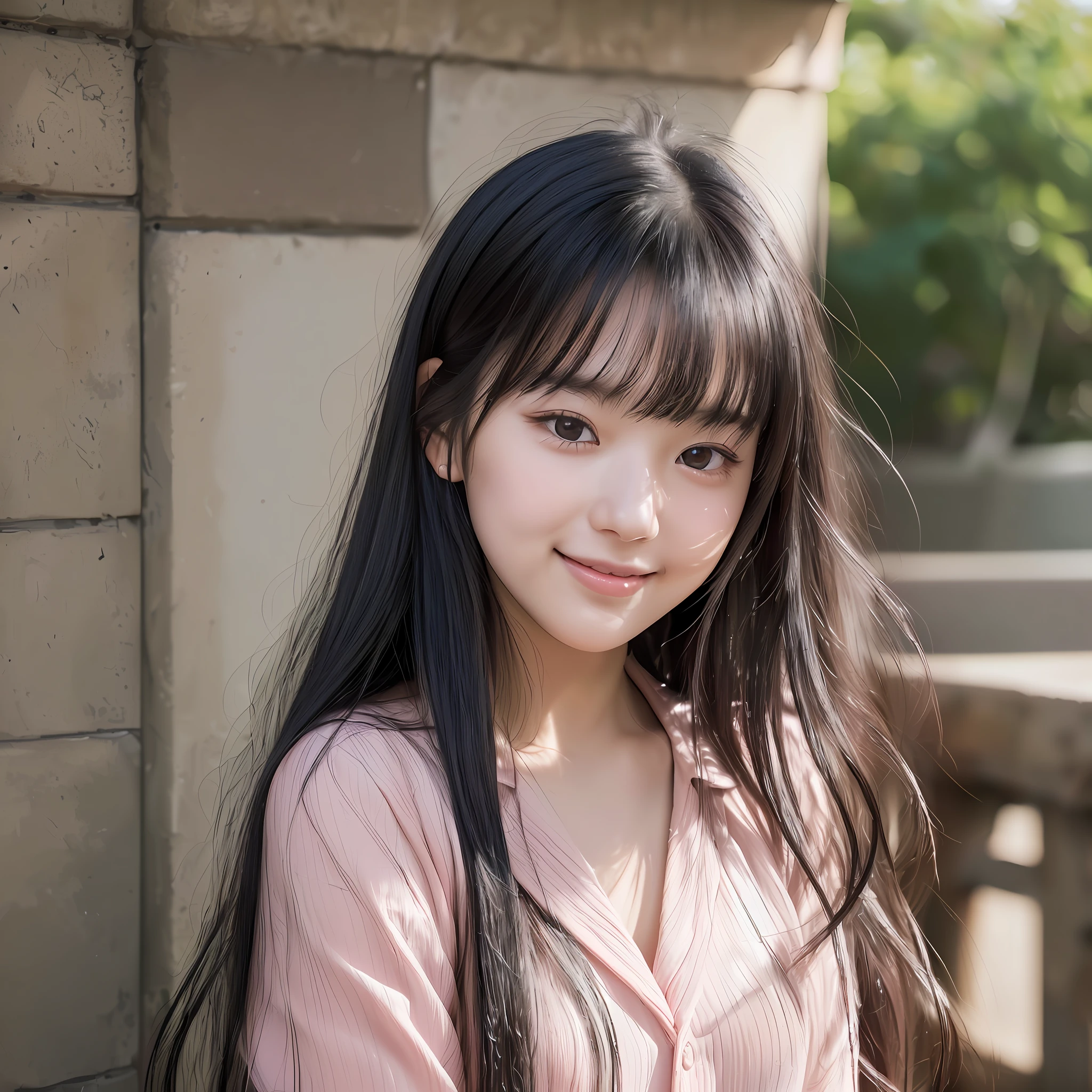 (Ultra High Resolution, Realistic, Realistic, Best Quality, Realistic), (High Detail Skin, Visible Pores, Real People, Photos), mix4, (8K, Original Photo, Best Quality, Masterpiece), A Japanese Girl, Photon Mapping, Radiosity, Physically Based Rendering, ((Face Close-up, Smile Lingering)), ((Long Black Hair)))), (Blush|Cute Playfulness|Moe|Small|Thick Bangs|Beauty|18 years old|hairpins), (((((thin)))),