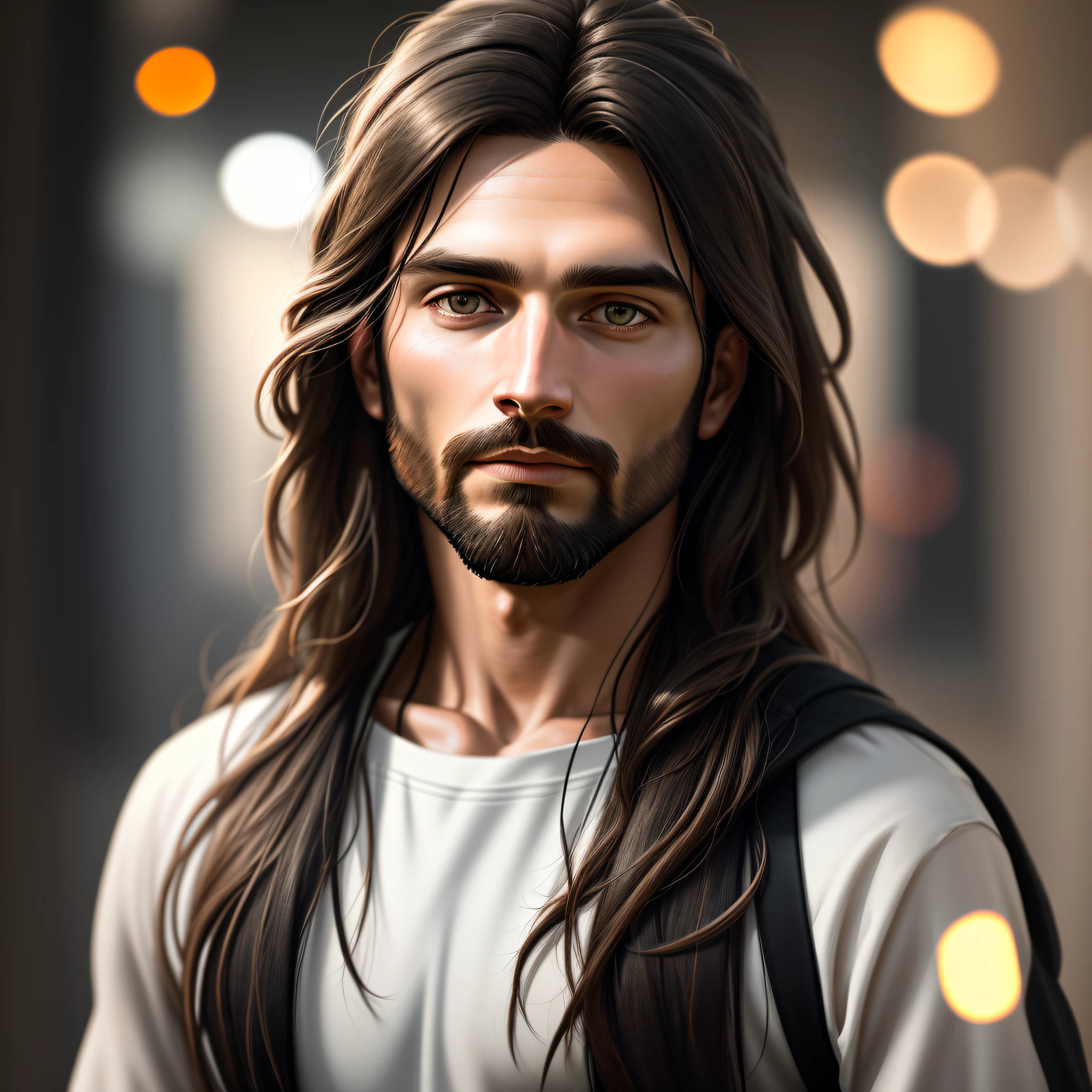 portrait of modern Jesus, cinematic lighting, depth of field, bokeh, realism, photorealistic, hyperrealism, professional photography, uhd, dslr, hdr 8k and god on the side