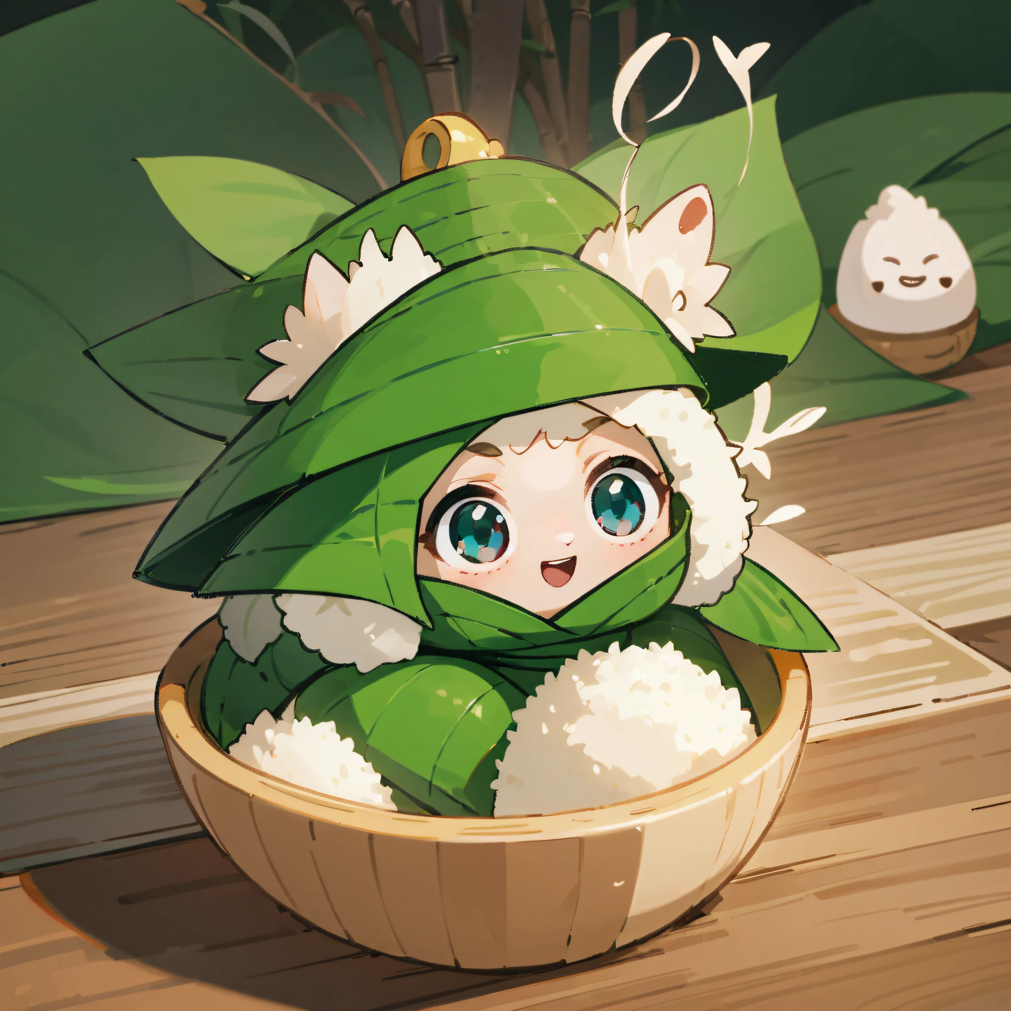 (a little Fuwa wearing a green tricorn hat), (sitting in a large bamboo bowl), rice dumplings, rice dumplings, cute 3D renderings, cute detailed digital art, cute digital art, cute cartoon characters, cute digital paintings, cute! c4d, cute character, popular japanese 3d, (white background), super detailed, thanks to chiding, japanese mascot 3d model, Nendoroid 3D, cute forest creature