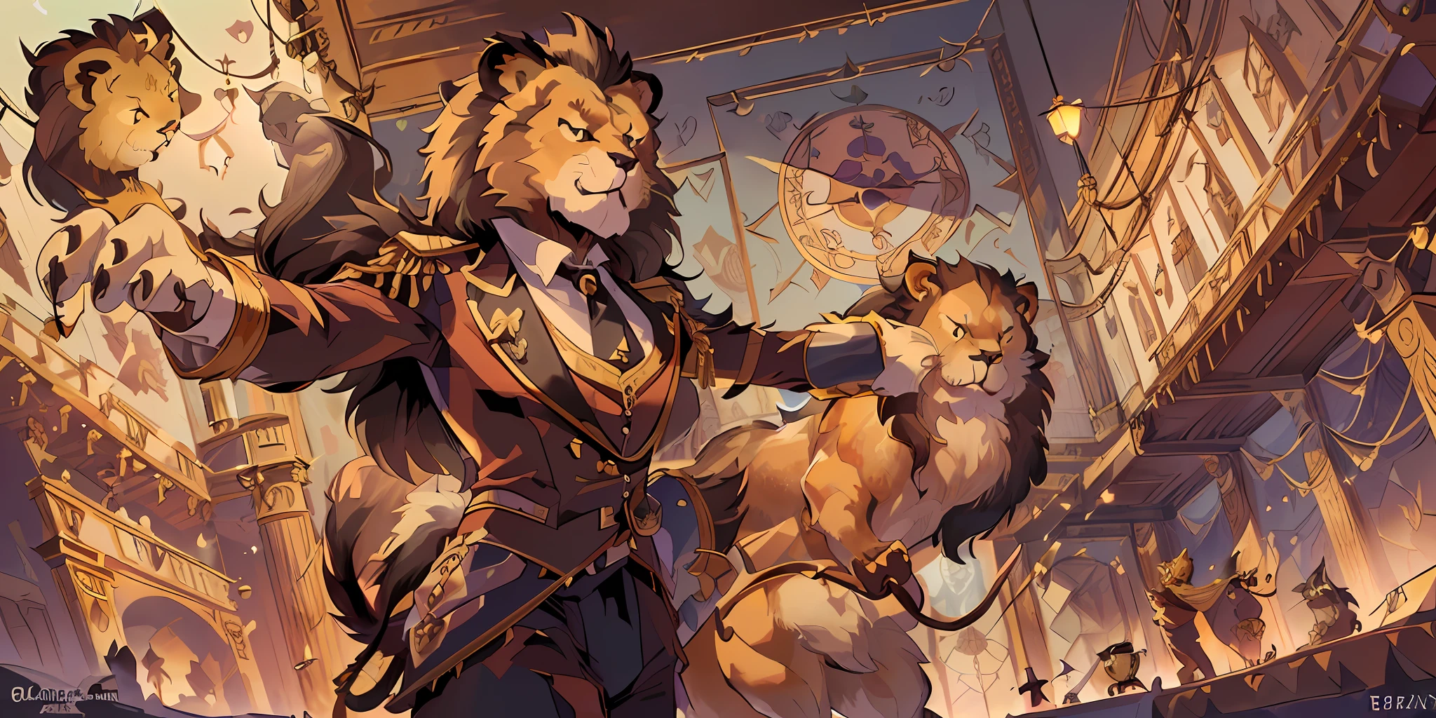 Top quality ultra-fine illustrations(Classic concert, Opera house, spotlight, tarot card) (beautiful face and eyes with great detail) absurdres perfect anatomy ((3Beastman))) (furry, Tuxedo attire, rapier, pocket watch, Intimidation, combat stance, hero) (furry anthro:1.7) ((((furry body, lion facial features, lion body features)))) ((((animal muzzle highly detailed fur))))full body, screaming(dynamic pose),