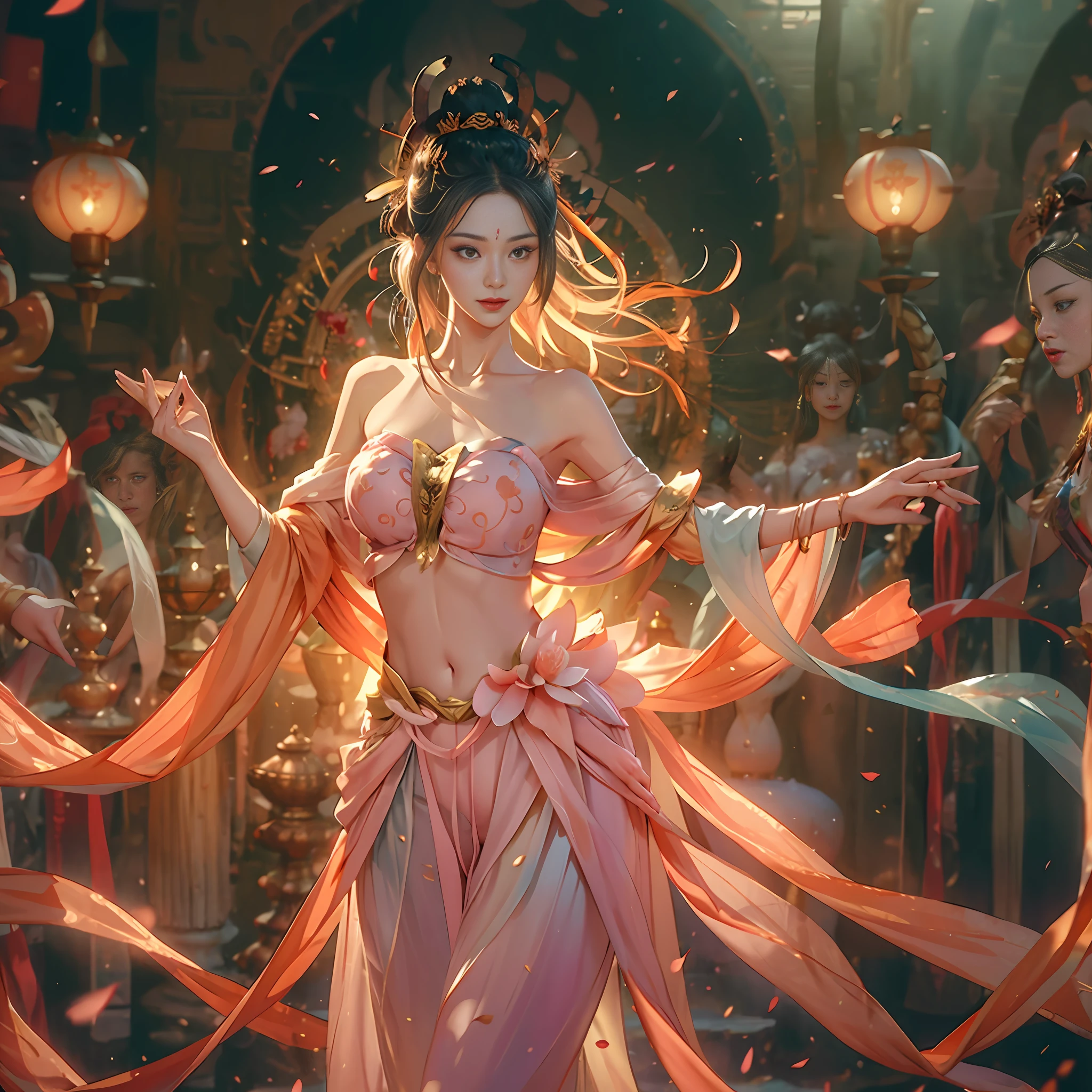 RAW Photo, Realistic, (Photo Realistic: 1.3), Best Quality, Masterpiece, Ultra Detail, Extreme Detail, 8k Wallpaper, Realistic Detail, Movie Lighting, Illustration, 1 Girl, upper_body, Dynamic Angle, World Mastery Theater, Best Quality, Extremely Delicate Beautiful Girl, Perfect Face, Delicate Facial Features, Delicate Hands, Delicate Eyelashes, Delicate Eyes, Supple Fair Skin, Sexy Collarbone, Dance, dunhuang_dress, Lotus Flower, Bare Shoulder, stunning beauty, belly, navel, amazing, sexy, peach blossom eyes, light makeup, smile, lens_flare, mural background, streamers, floating, lanterns,