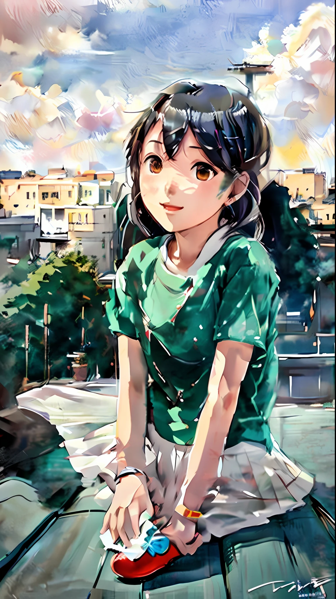 anime girl sitting on roof with red shoes and green shirt, anime visual of a cute girl, girl sitting on a rooftop, cute anime girl, watching the sun set. anime, lofi girl, young anime girl, makoto shinkai art style, chihiro! fujisaki, portrait of cute anime girl, makoto shinkai style, anime moe artstyle