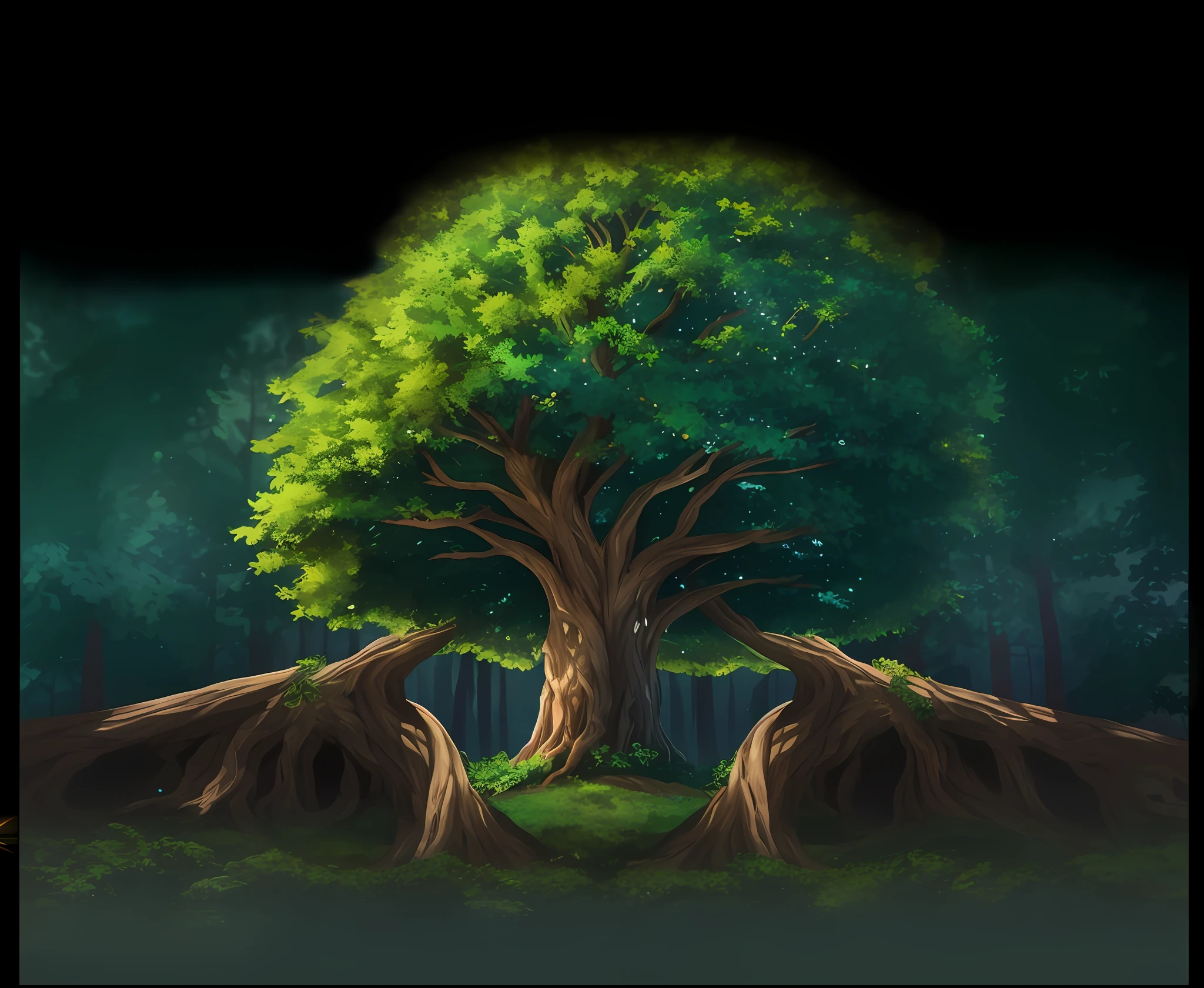 There is a picture of a tree in the middle of the forest, night, background artwork, elf forest background, mobile game background, background art, made of trees and fantasy valley, magic tree, magic tree, magical forest rear wheel, large magic tree, fantasy tree, magical forest background, woods, world tree, world tree, game background