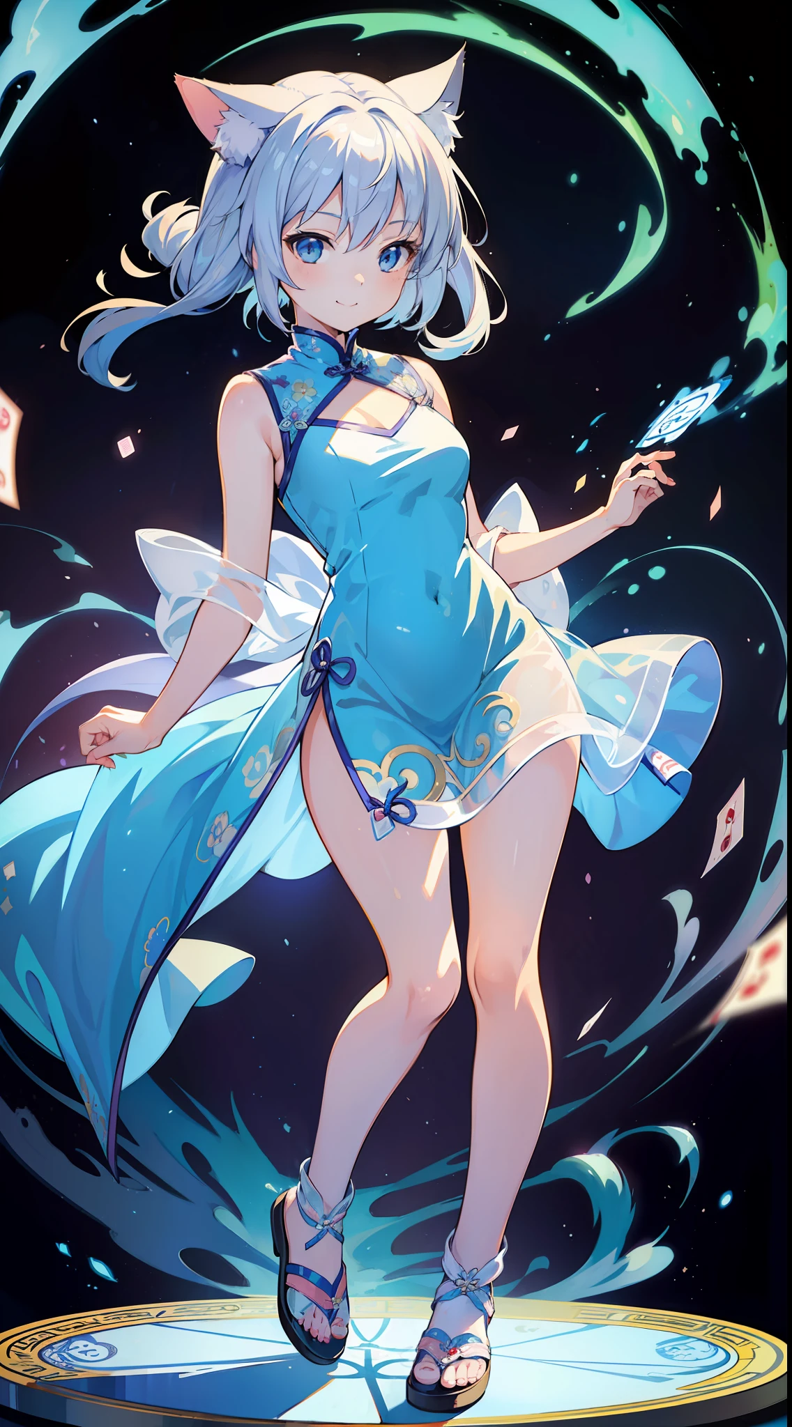 (Masterpiece), (Top Quality Anime Illustration), (Super Definition), One Girl, Solo, Silver-haired Beautiful Girl, Anime Loli, Cat Ear Loli, Light Blue See-Through Cheongsam Dress, Short Cheongsam, Sleeveless, Smile, Cleavage Emphasis, Lower Breast Emphasis, Thighs, Tarot Card Wind