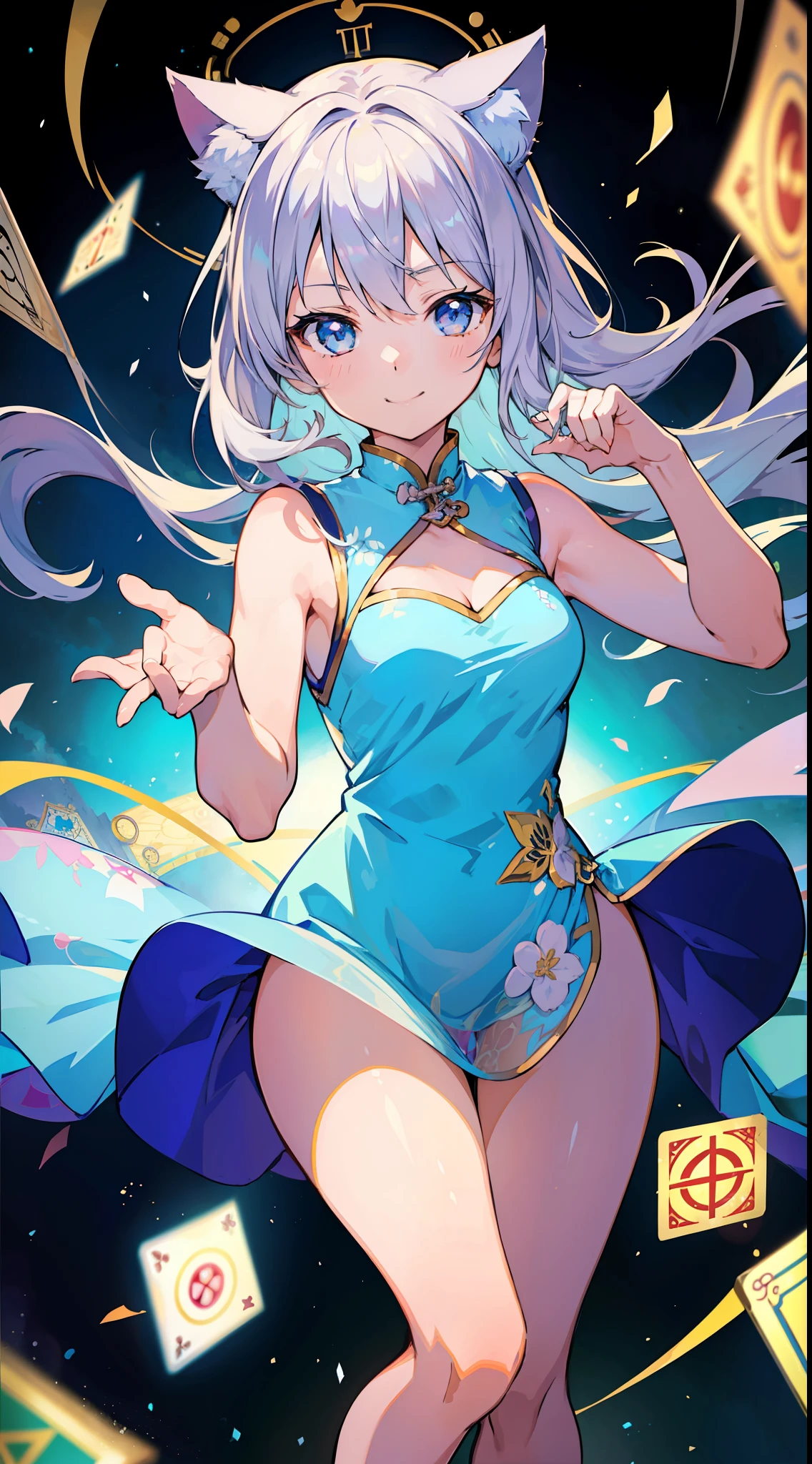 (Masterpiece), (Top Quality Anime Illustration), (Super Definition), One Girl, Solo, Silver-haired Beautiful Girl, Anime , Cat Ear Lolight Blue See-Through Cheongsam Dress, Short Cheongsam, Sleeveless, Smile, Cleavage Emphasis, Lower Breast Emphasis, Thighs, Tarot Card Wind